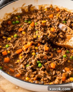 Savoury mince and vegetables in an enamel casserole pan, ready to serve.