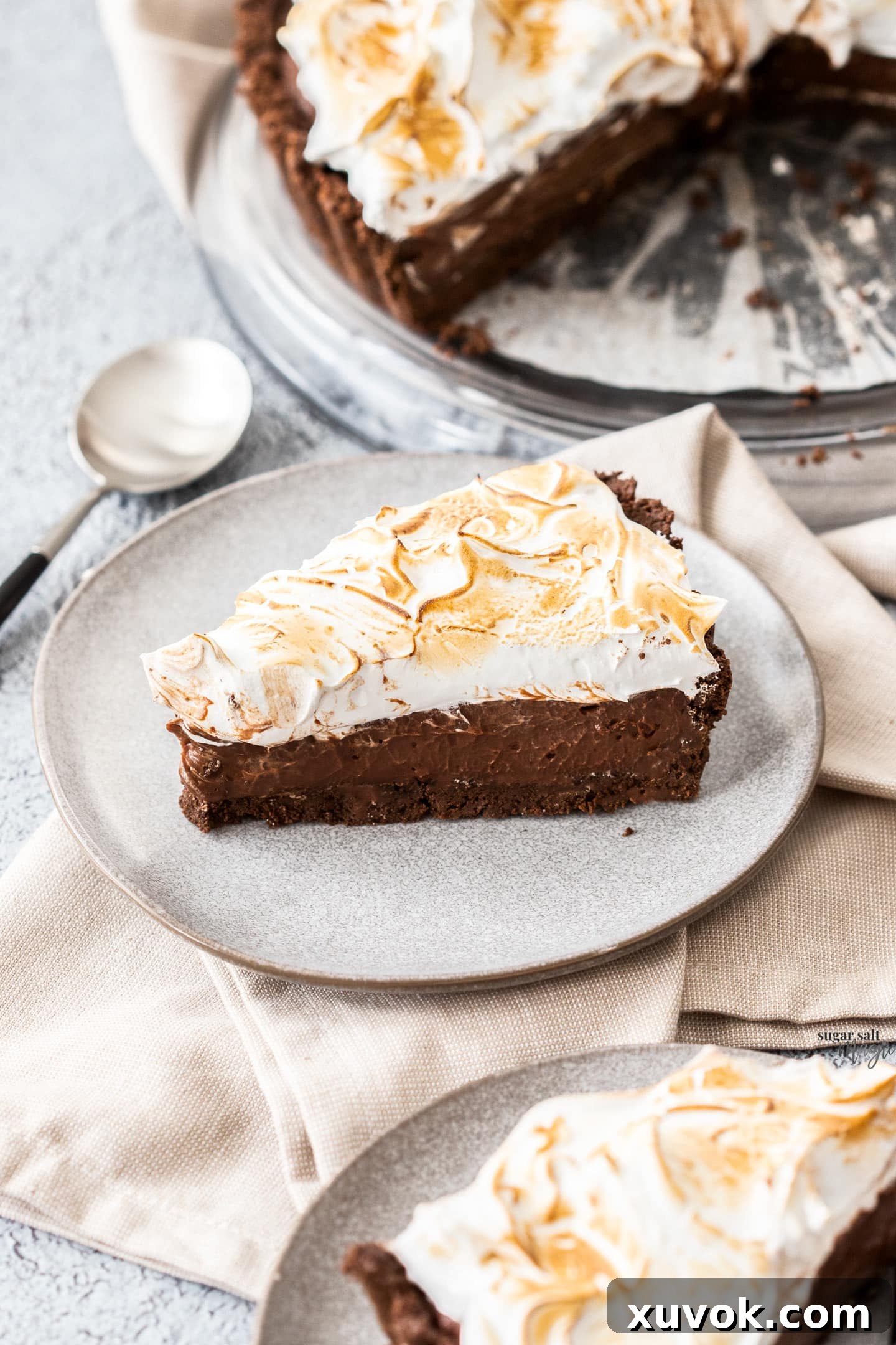 Beautifully sliced portions of no-bake chocolate meringue pie presented on elegant dessert plates, showcasing its rich layers.