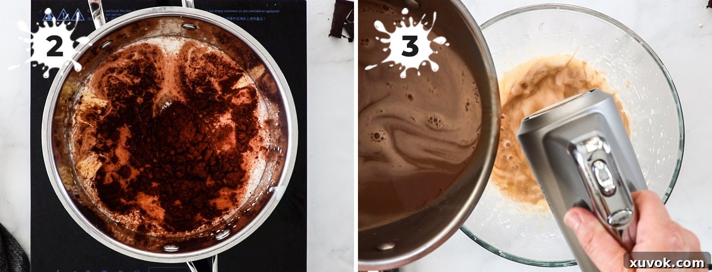 Warm chocolate milk being slowly drizzled into a bowl of beaten eggs, illustrating the tempering process for the pie filling.