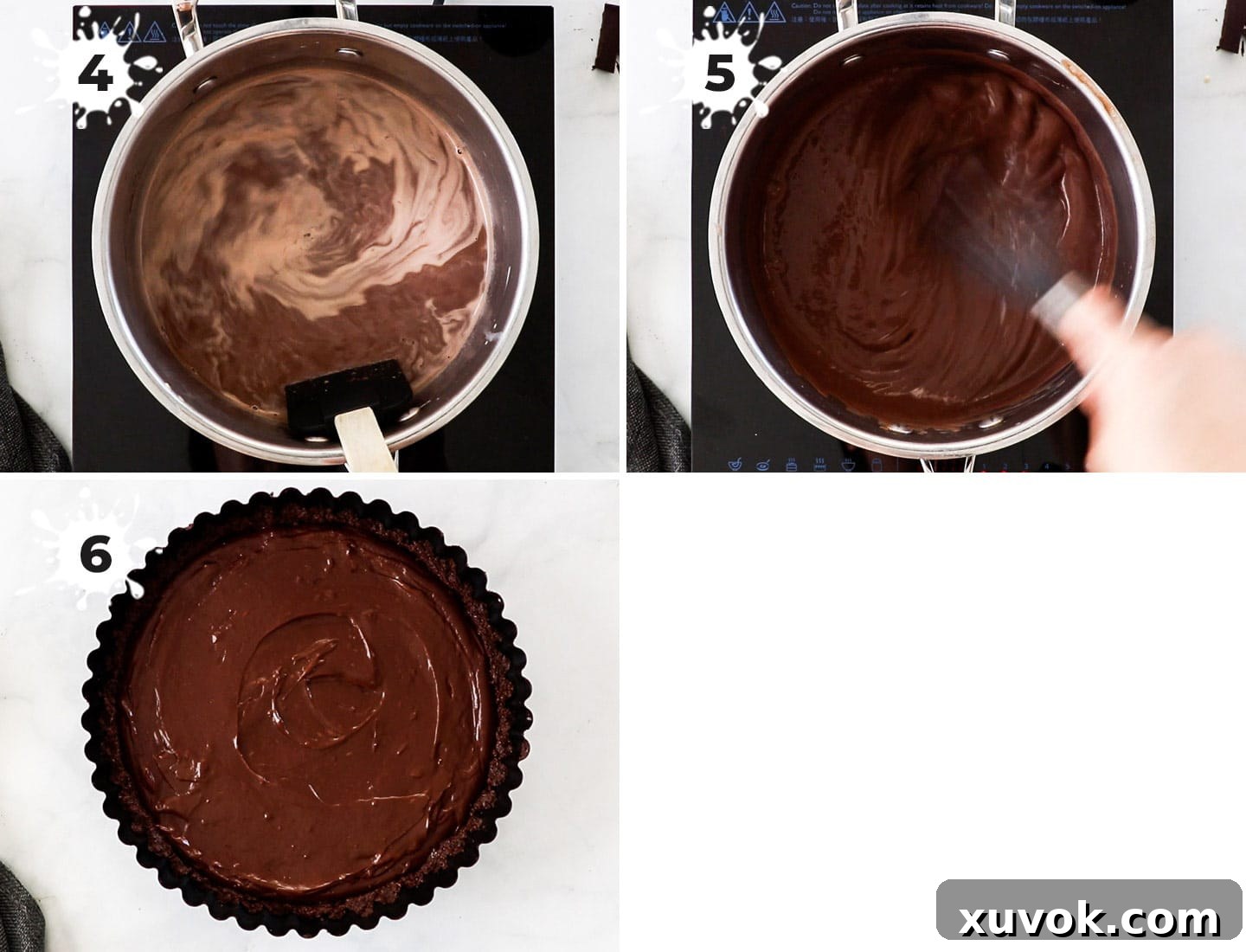 Illustrates the thickening process of the chocolate pudding in a saucepan, followed by pouring it into the prepared pie crust.