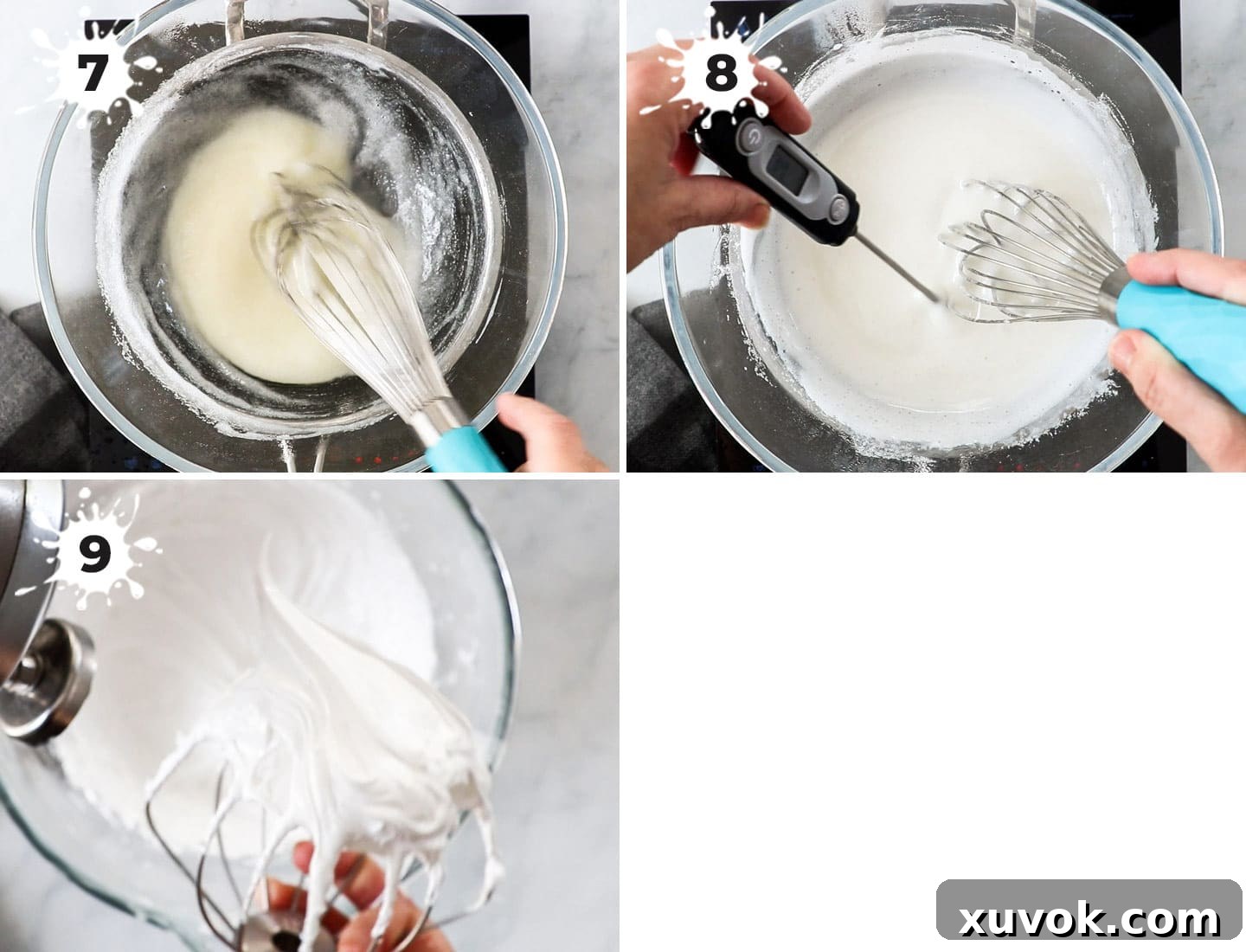 A visual collage showing the stages of making meringue: whisking ingredients over a double boiler, checking temperature, and achieving thick, glossy peaks.