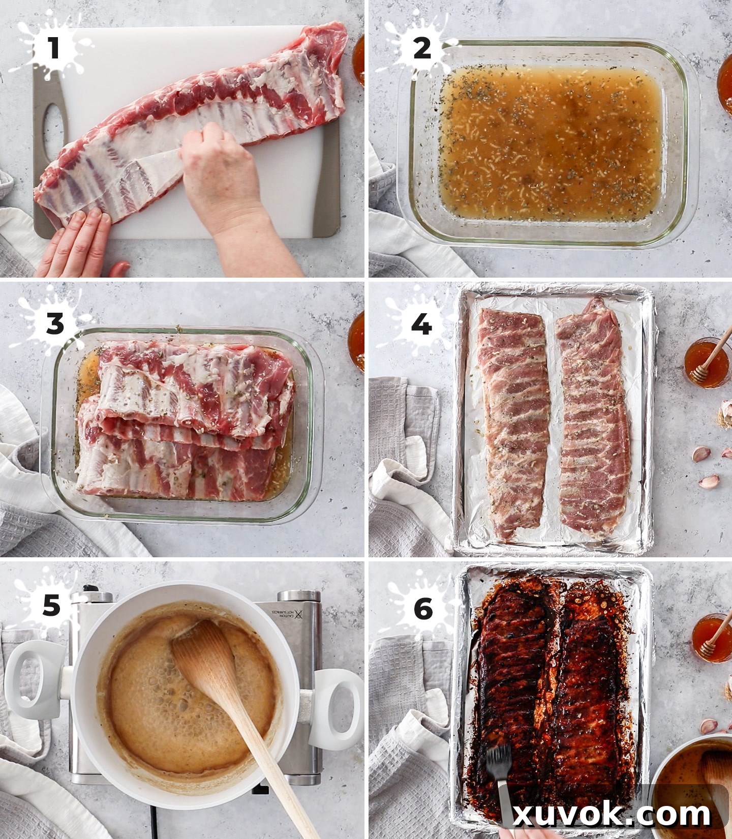A visual step-by-step collage demonstrating how to prepare honey garlic pork ribs, from marinating to glazing and final roasting. This helps home cooks follow the process easily.