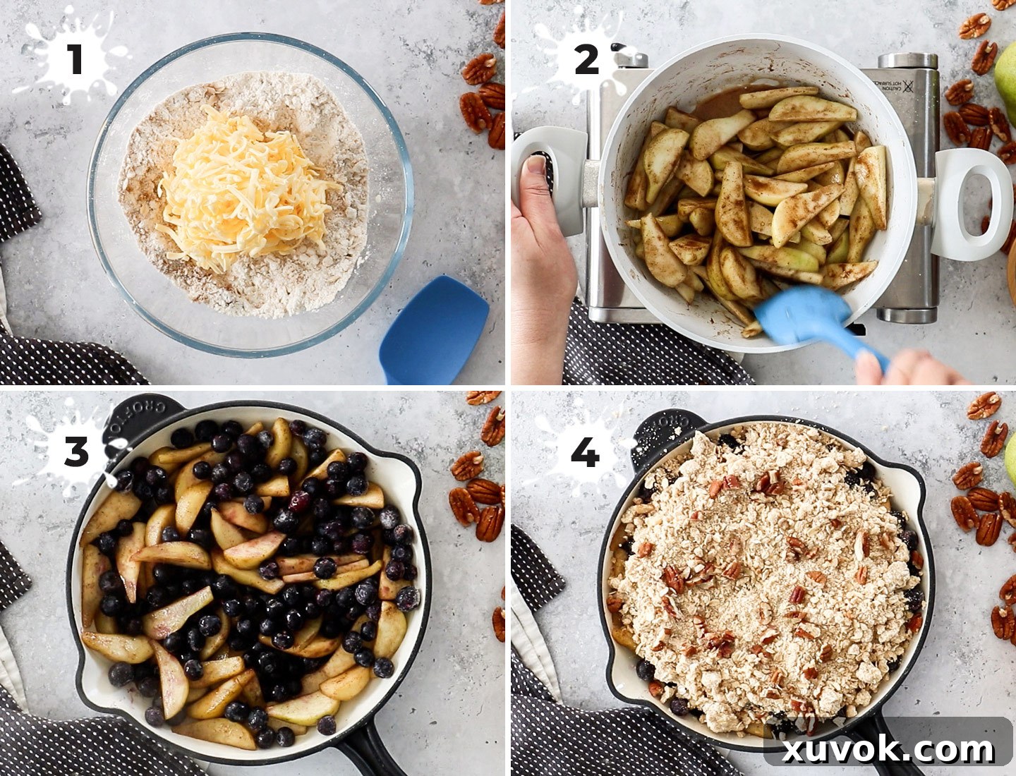 A visual collage illustrating the step-by-step process of making blueberry and pear crumble, from preparing fruit to assembling the dish.