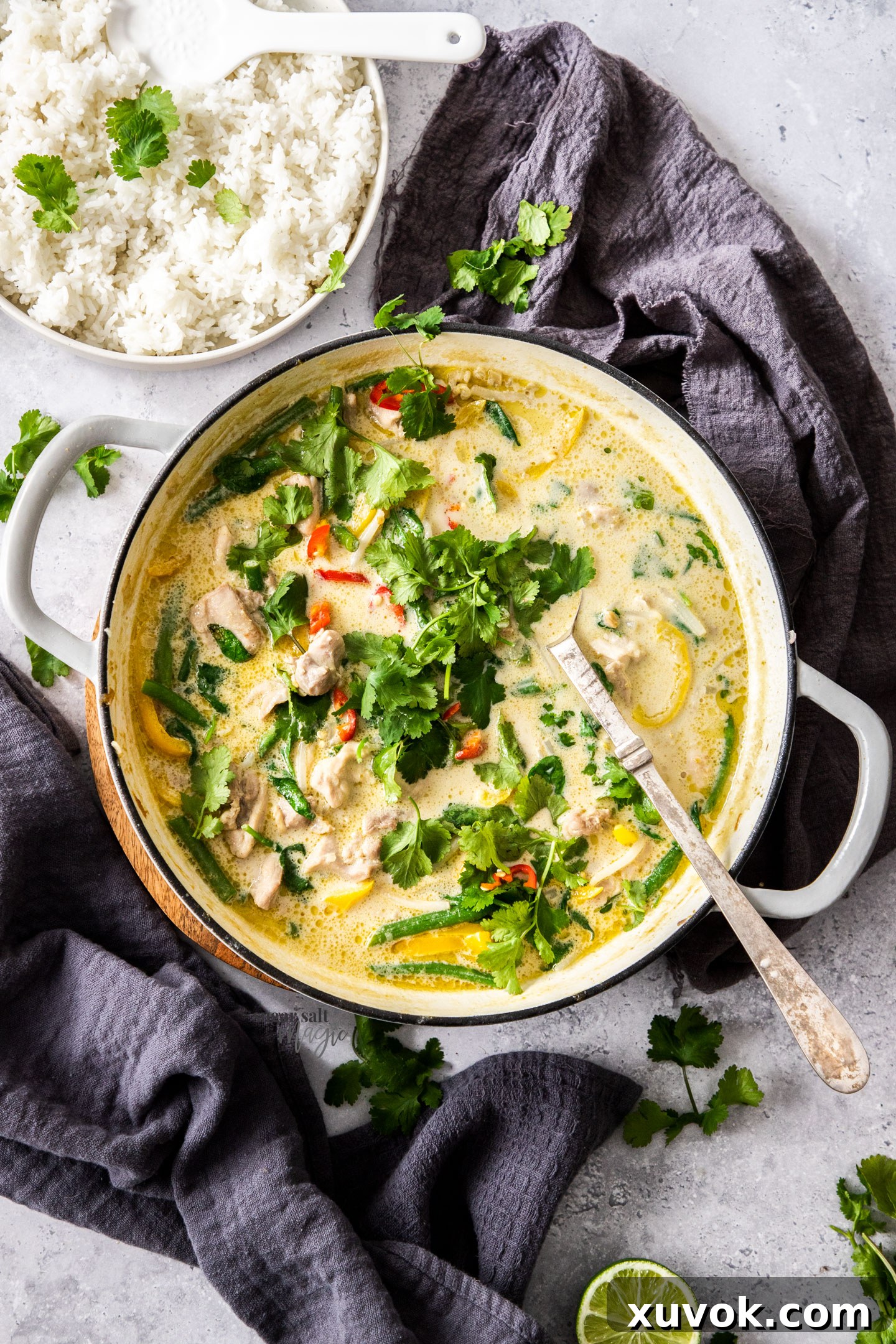 Top down view of green chicken curry in a casserole pan. A rich and vibrant Thai Green Chicken Curry, freshly prepared and garnished, served in a rustic casserole dish. This hearty and flavorful dish, made with succulent chicken and crisp vegetables in a creamy coconut sauce, is ideal for a quick and satisfying weeknight meal.