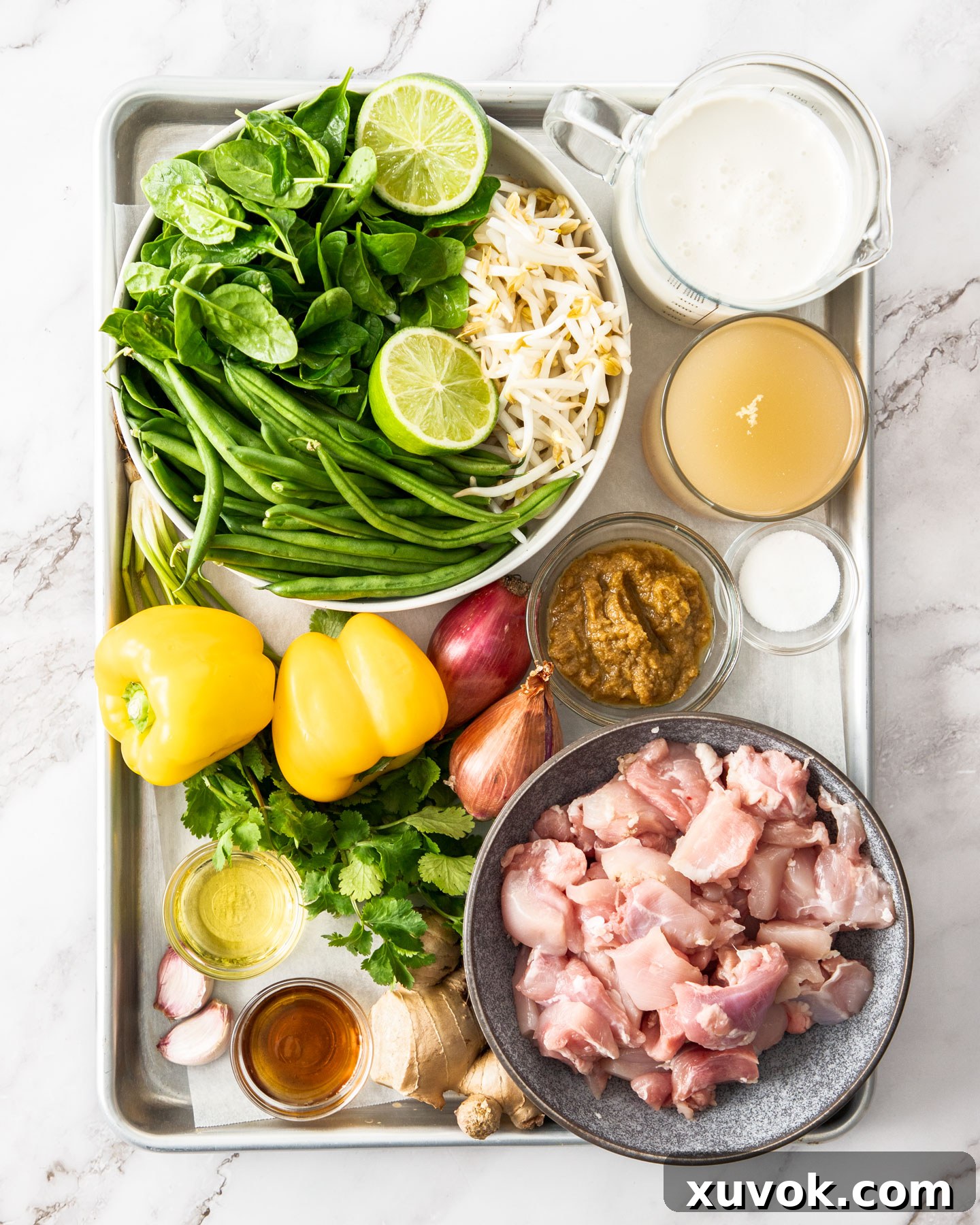 Ingredients for green chicken curry on a baking tray. A selection of fresh ingredients laid out on a baking tray, including boneless chicken thighs, green curry paste, coconut milk, fresh ginger, garlic, red onion, green beans, and bell pepper, ready for making Thai Green Chicken Curry.