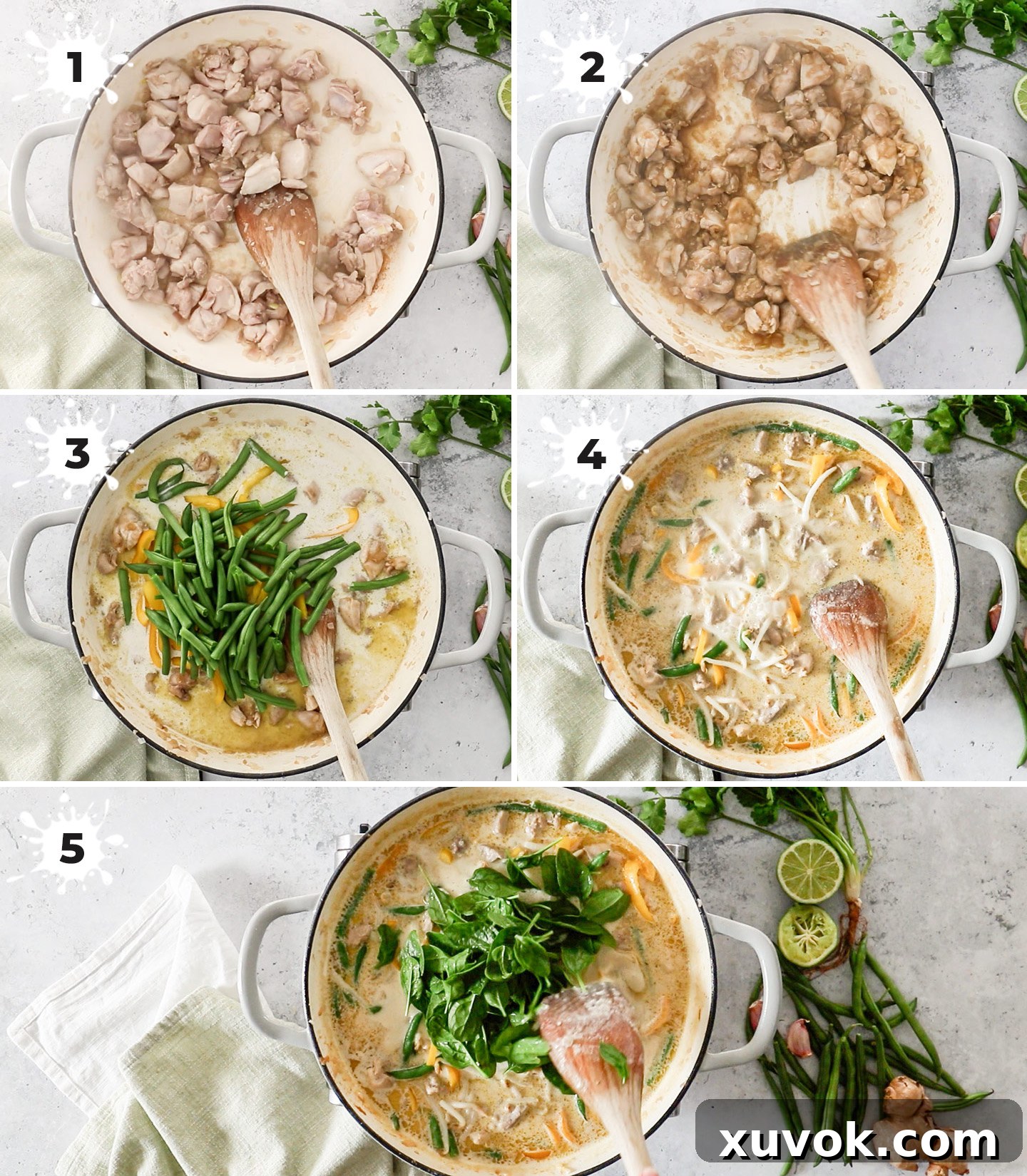 A collage showing how to make green chicken curry. A step-by-step visual guide showcasing the process of making Thai Green Chicken Curry, from sautéing chicken and onions, frying the curry paste with aromatics, adding coconut milk and vegetables, to seasoning and finishing the dish.