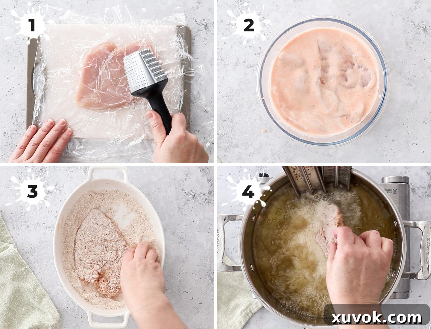 A collage showing the step-by-step process to make crispy fried chicken.