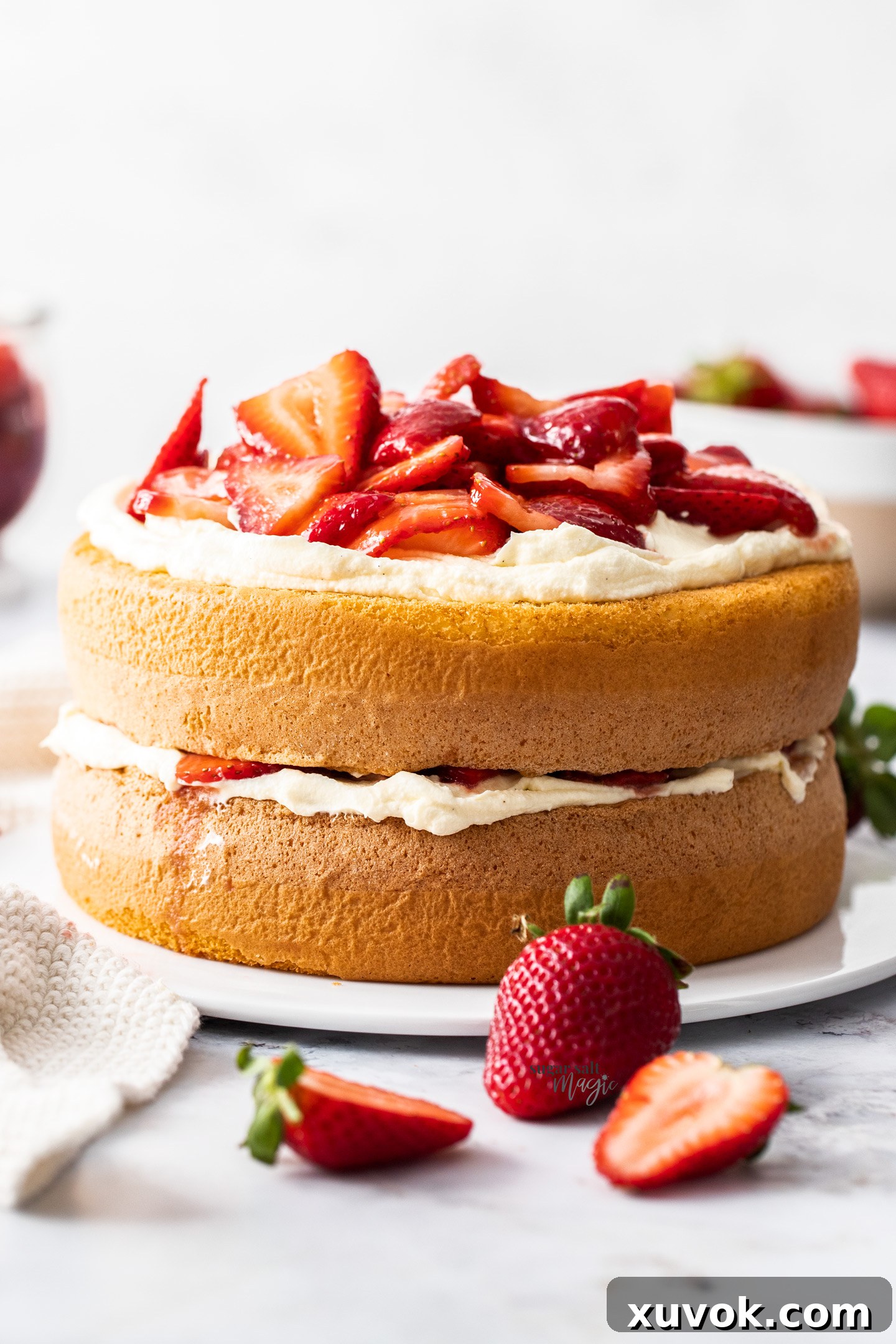 A two layer sponge cake topped with cream and strawberries, ready to be served.