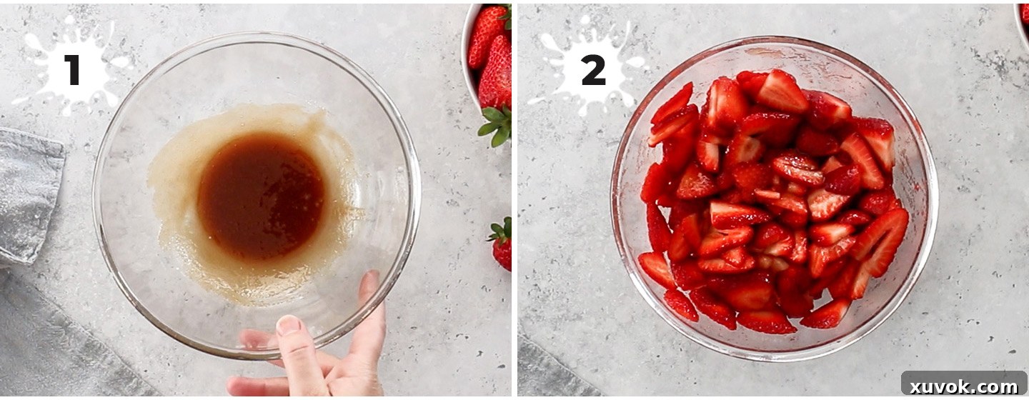 A collage showing how to make the macerated strawberries, from mixing ingredients to the final syrupy result.