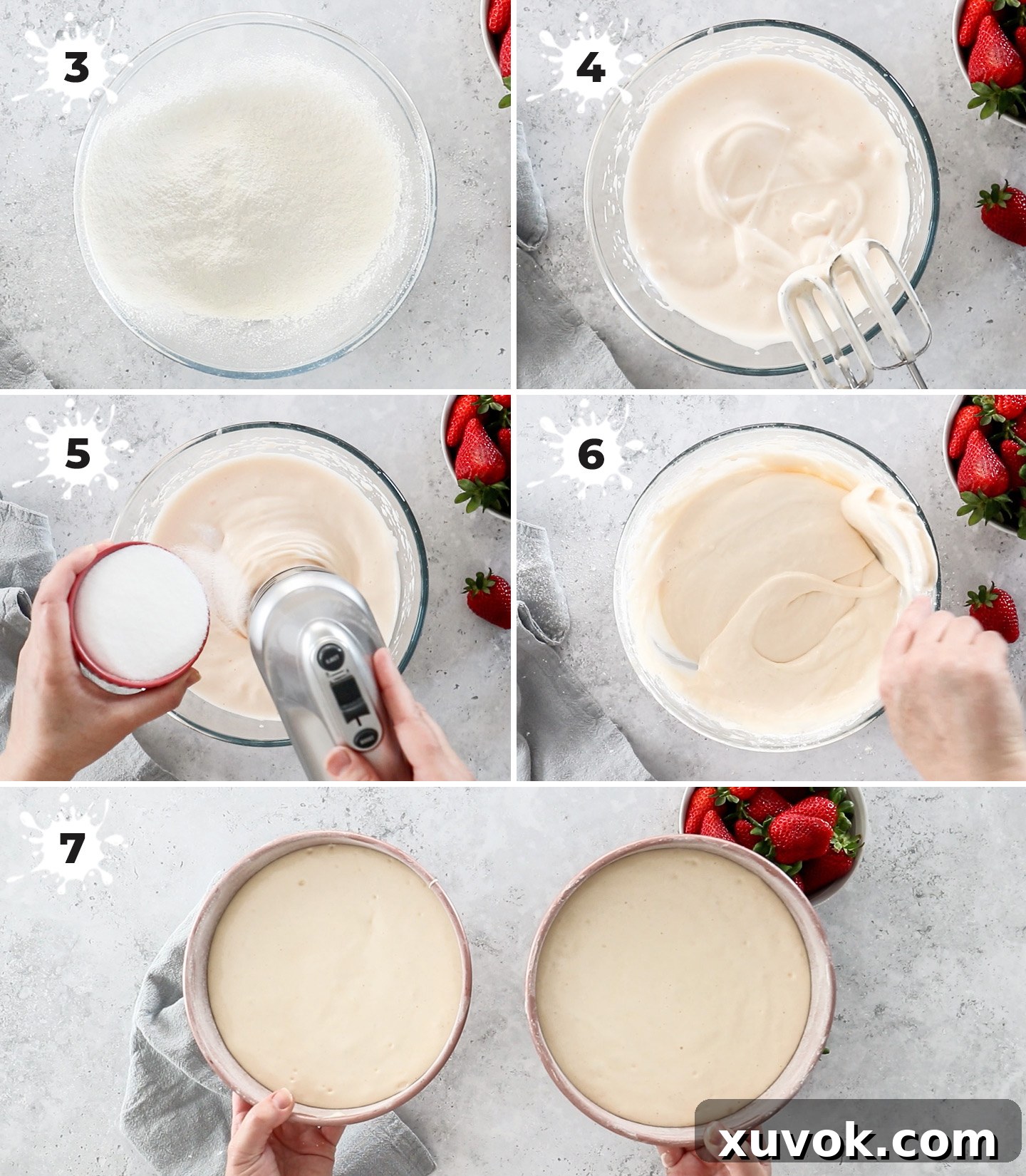 A collage showing the step-by-step process of making the sponge cake batter, emphasizing beating eggs and folding ingredients.