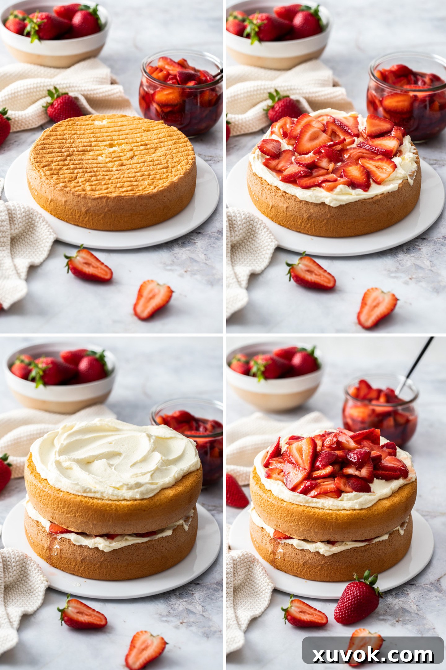A collage demonstrating the assembly steps of the strawberry sponge cake, showing layering of sponge, cream, and strawberries.