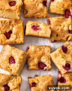 A batch of 12 squares of white chocolate raspberry blondies, perfectly baked and ready to enjoy.