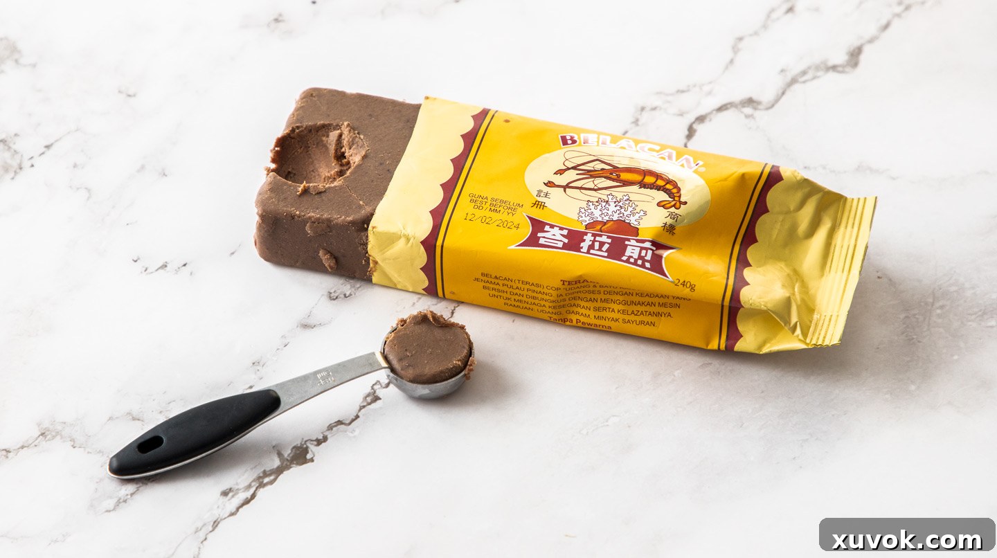 Dried shrimp paste in its packaging, with a small spoonful portion displayed in front.