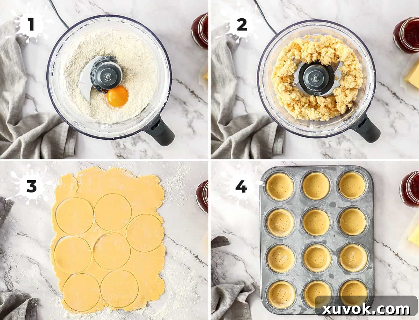 A collage of four images illustrating the process of making pastry for Neenish tarts, including mixing ingredients in a food processor, forming dough, rolling it out, and placing cut rounds into a muffin tin.