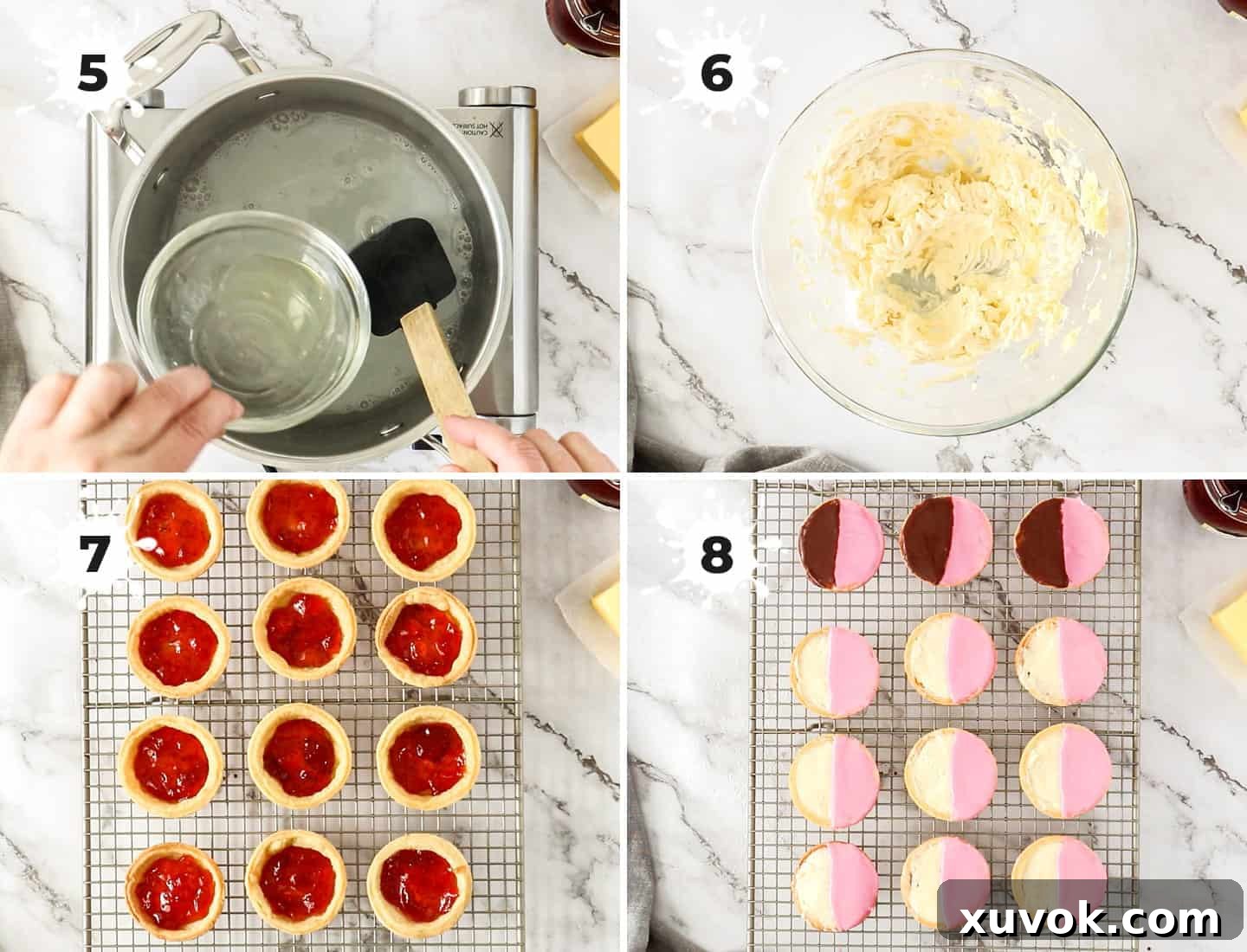 A collage of four images illustrating the steps to fill Neenish tarts, including making mock cream, spreading jam into tart shells, filling with cream, and applying the two-tone icing.