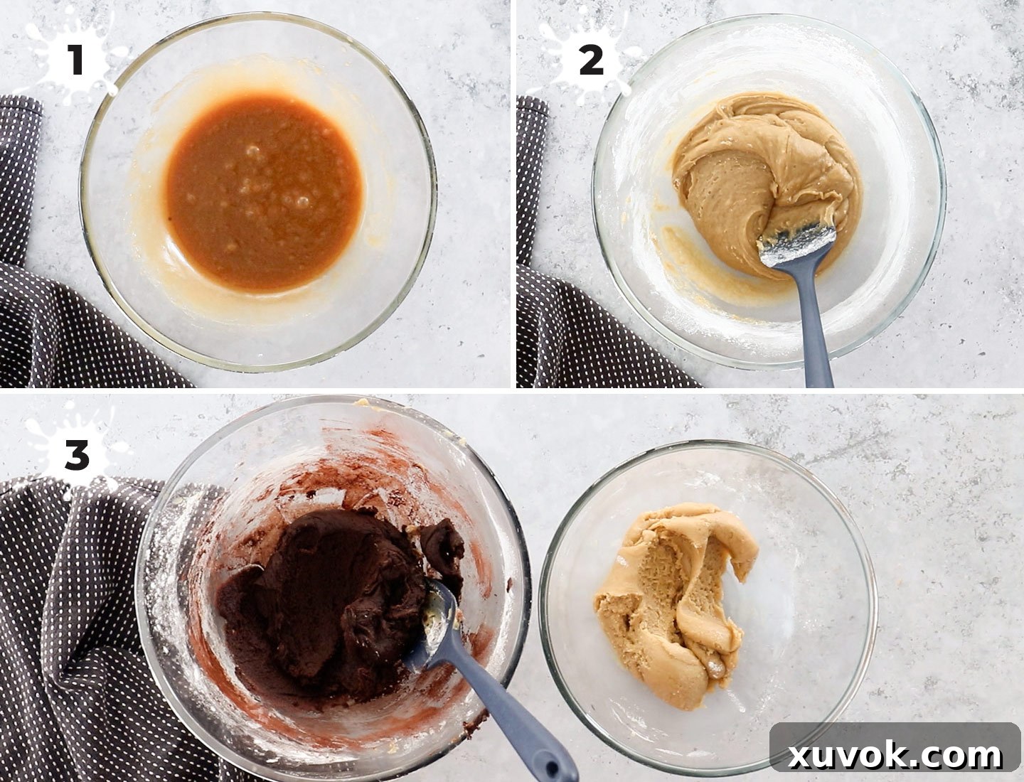 A collage showing the initial steps of making marble cookie dough: mixing wet ingredients, then adding dry.