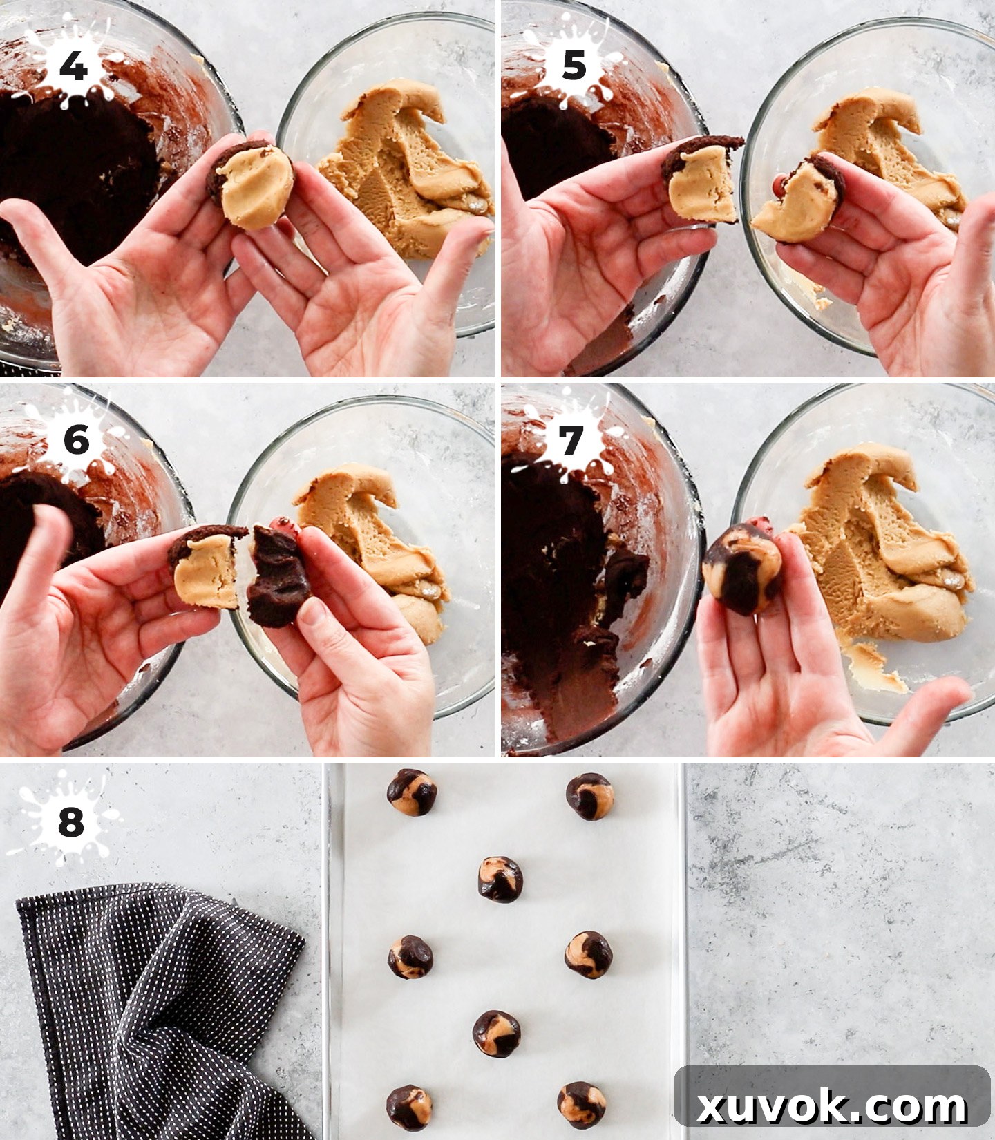 A collage demonstrating the step-by-step process of shaping marble cookies.