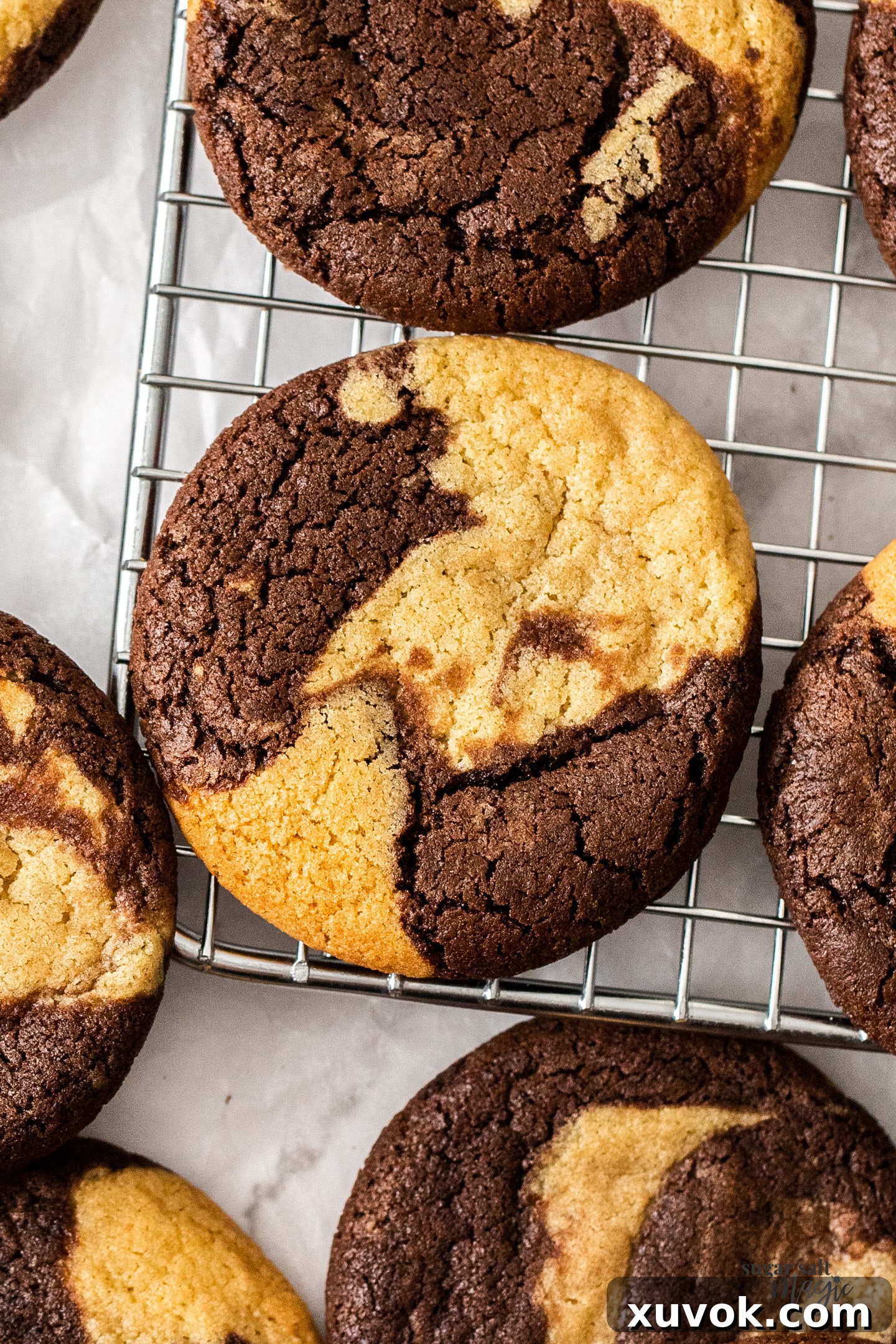 Closeup shot of the top of a single marble cookie, showing the intricate swirl pattern.