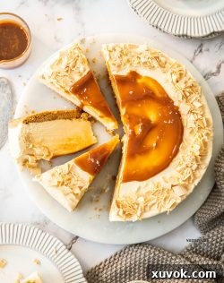 Top down view of a Caramilk cheesecake, generously drizzled with caramel sauce and adorned with chocolate curls.