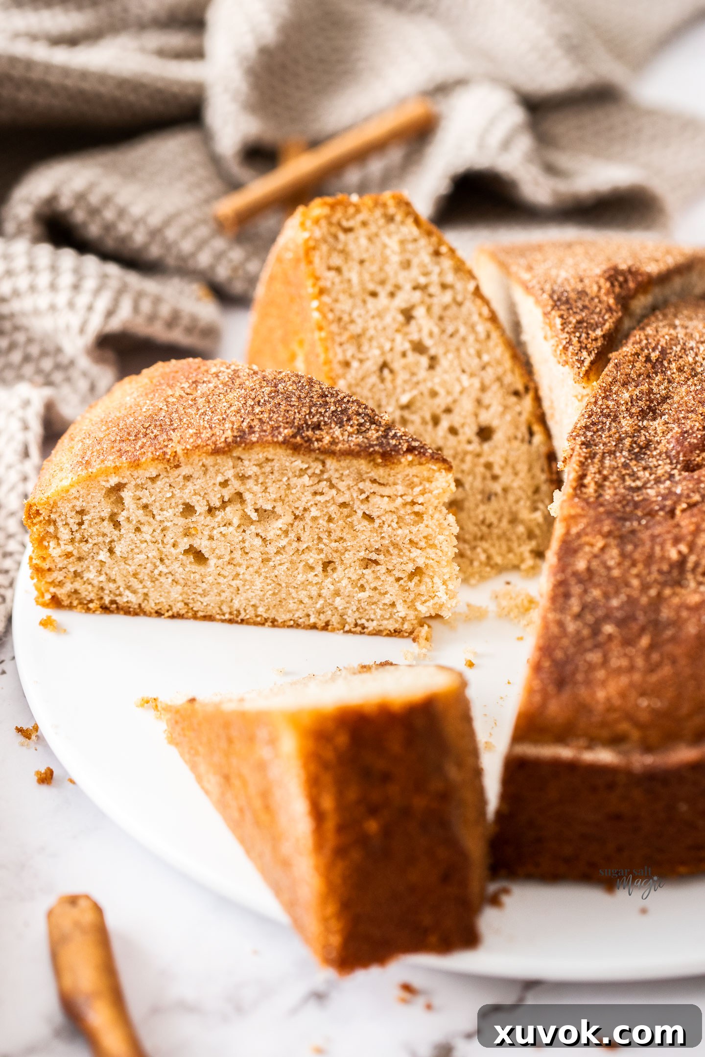 A perfectly sliced piece of golden-brown cinnamon teacake, showcasing its light and fluffy interior and a generous crunchy cinnamon sugar topping.