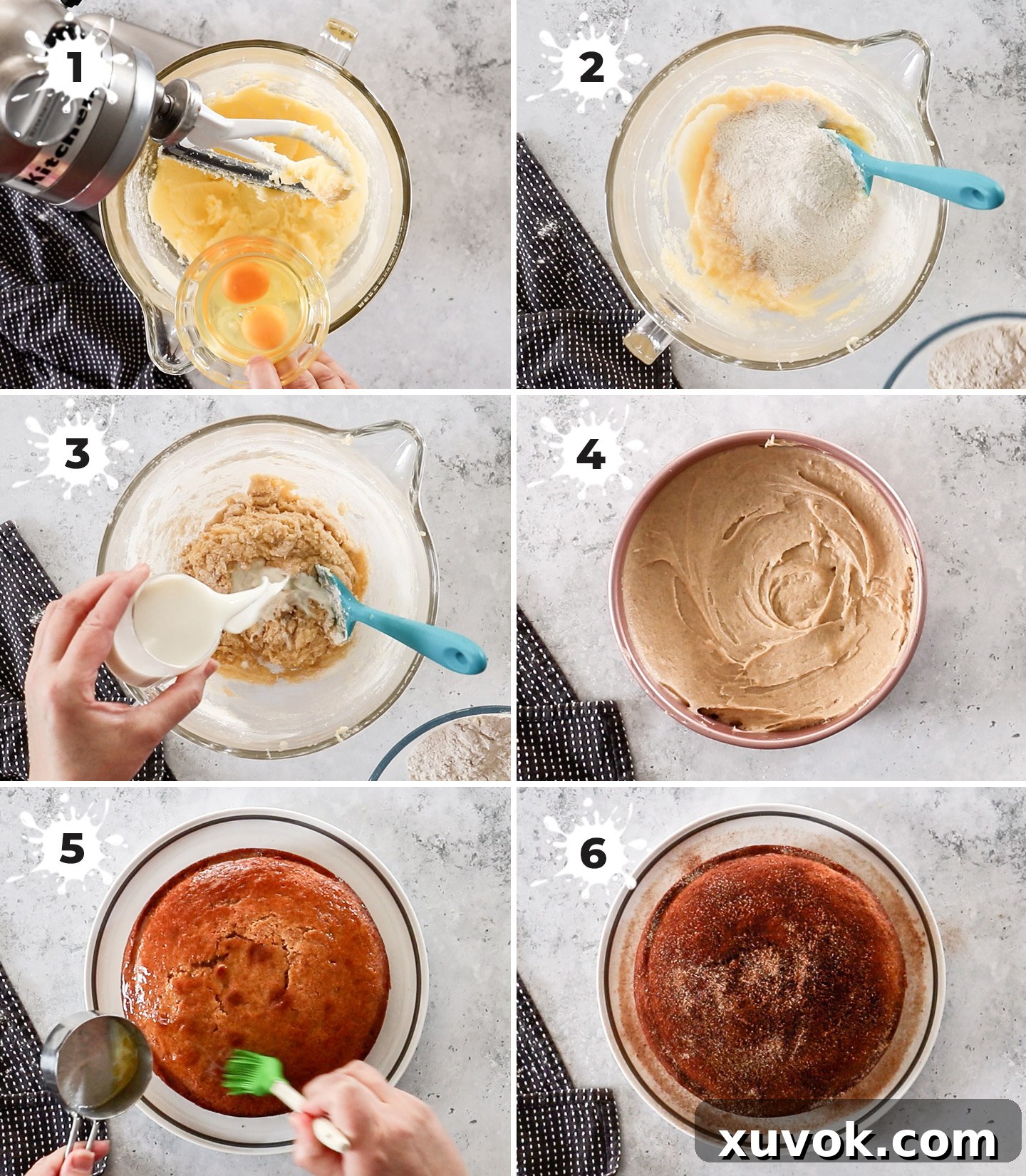 A visual guide showing a collage of step-by-step images for preparing cinnamon teacake, from mixing ingredients to pouring batter into the pan.