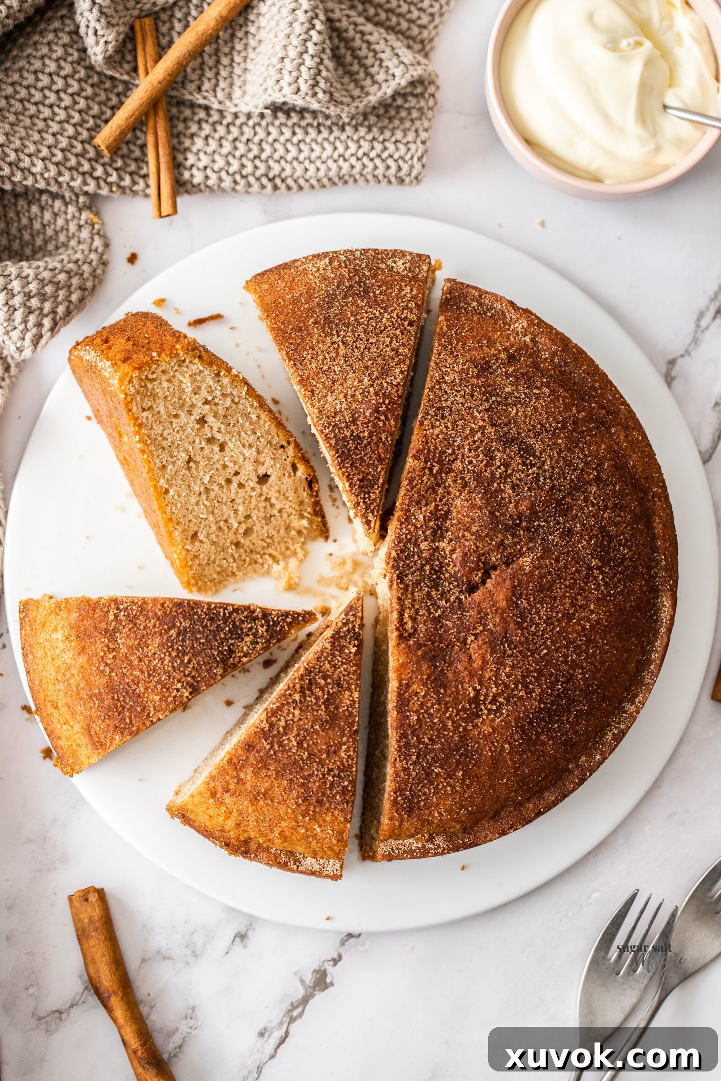 A top-down view of a round, golden-brown cinnamon teacake, perfectly cut into symmetrical slices, showcasing its inviting texture and cinnamon sugar crust.