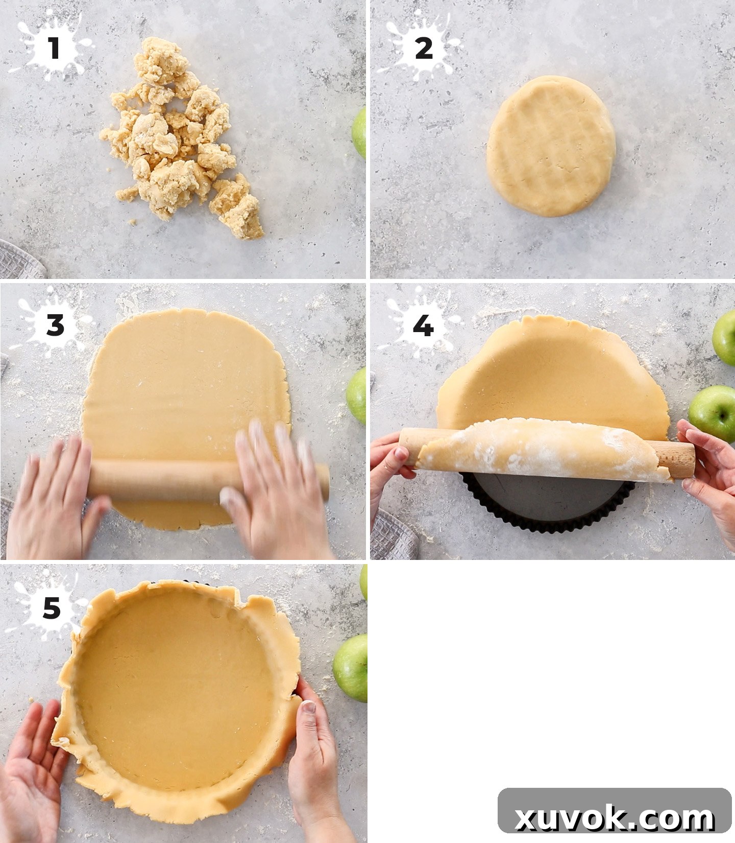 A four-panel collage illustrating the initial steps of making a tart shell. It shows dough being formed into a disk, then rolled out, placed into a fluted tart pan, and finally pressed into the edges.