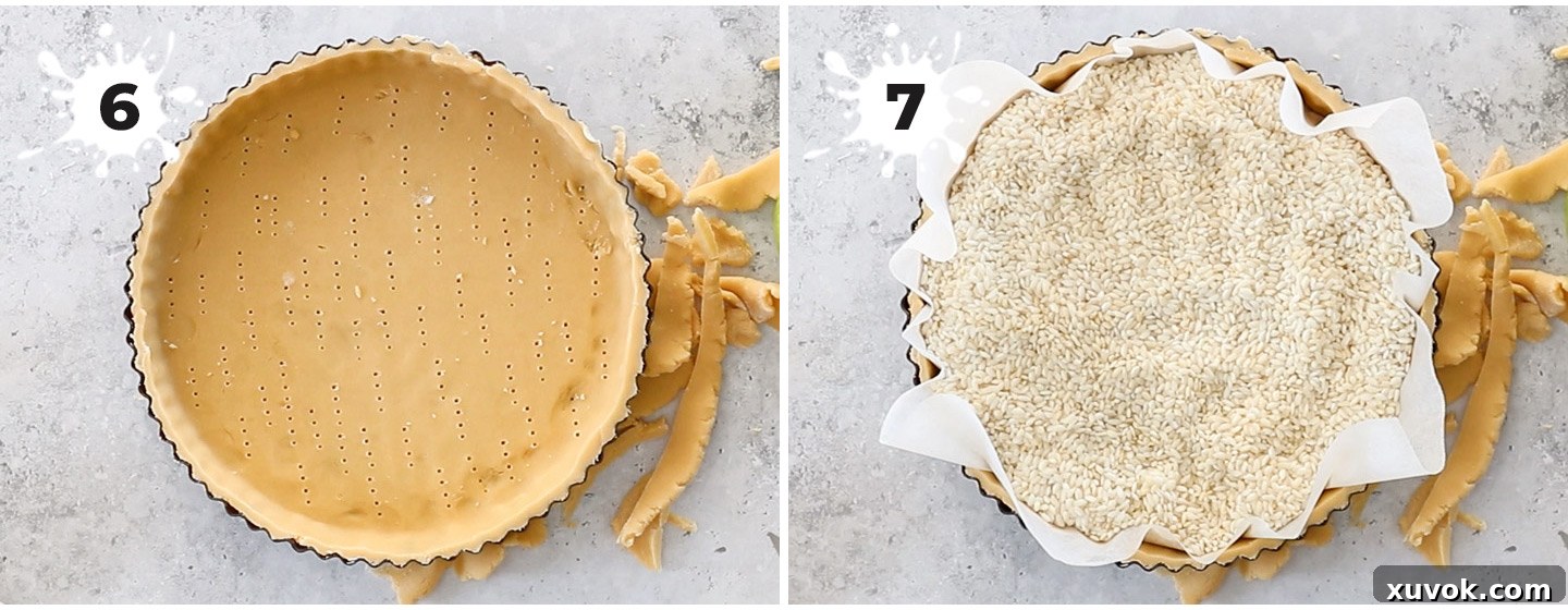 A two-panel collage showing how to prepare a tart shell for baking. The first panel shows docking the pastry with a fork, and the second shows the tart shell lined with baking paper and filled with rice for blind baking.