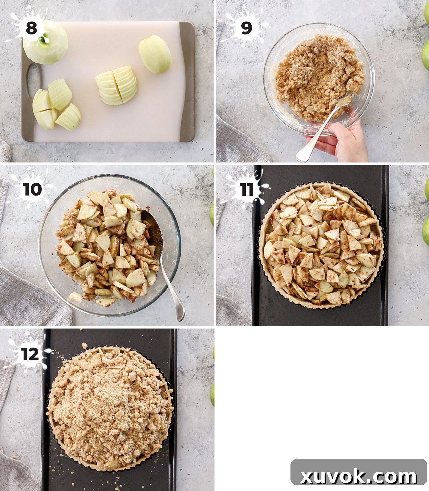 A two-panel collage demonstrating the preparation and addition of the apple filling. The first panel shows sliced apples, and the second shows apples mixed with spices and sugar, being added to the tart shell.