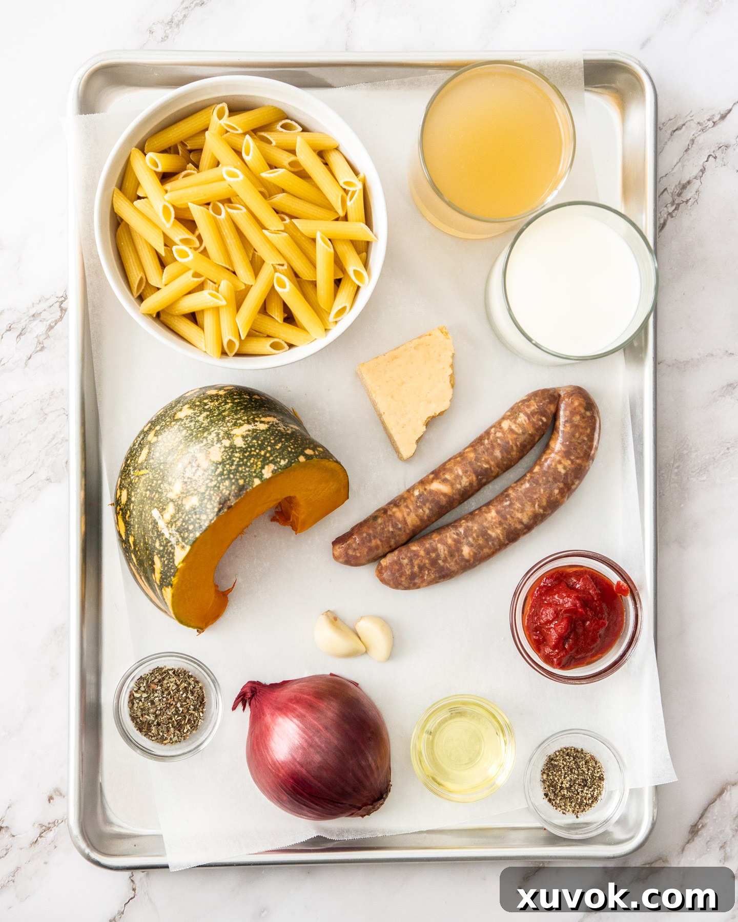 Ingredients for creamy pumpkin pasta.