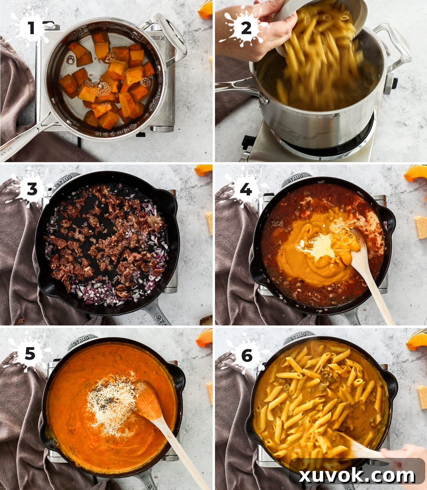 A collage of 6 images showing how to make pumpkin pasta.