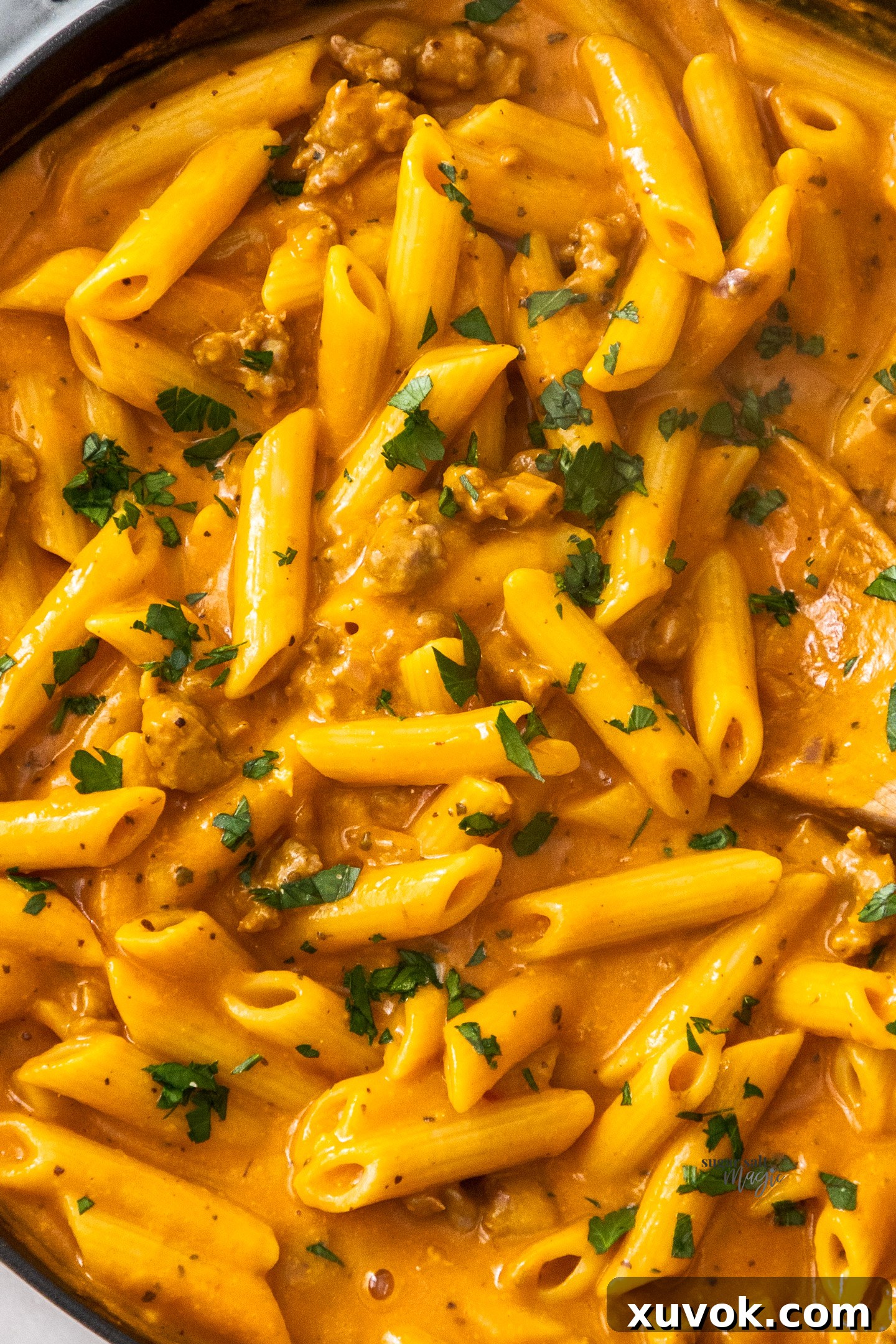 Closeup of penne pasta in a pumpkin sauce.