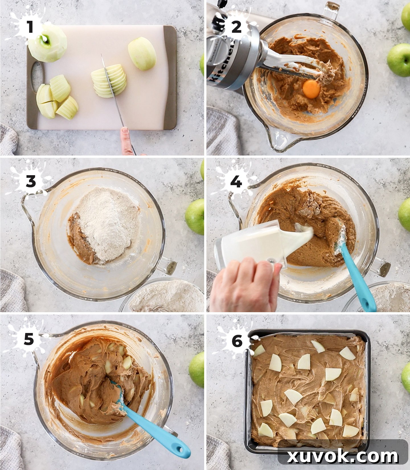 A visual collage showing key stages of preparing the apple tray bake: from slicing apples, mixing wet ingredients, combining dry and wet, to folding in apples and topping the batter.