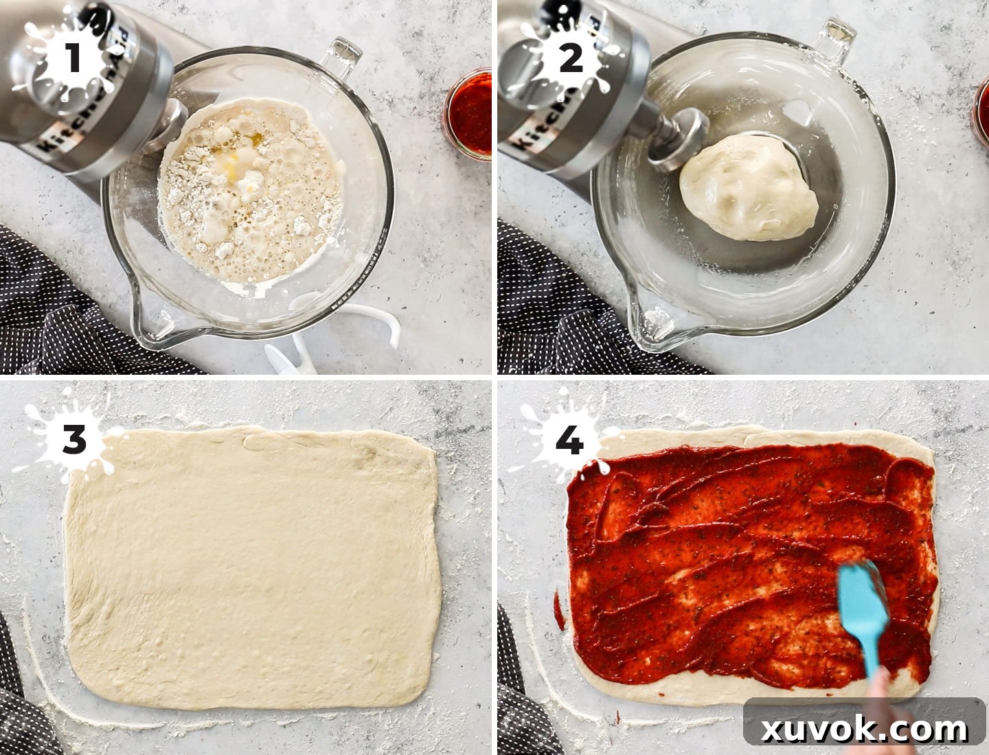 A four-panel collage illustrating the process of making pizza dough: mixing ingredients, kneading in a stand mixer, and showing the dough rising in a bowl.