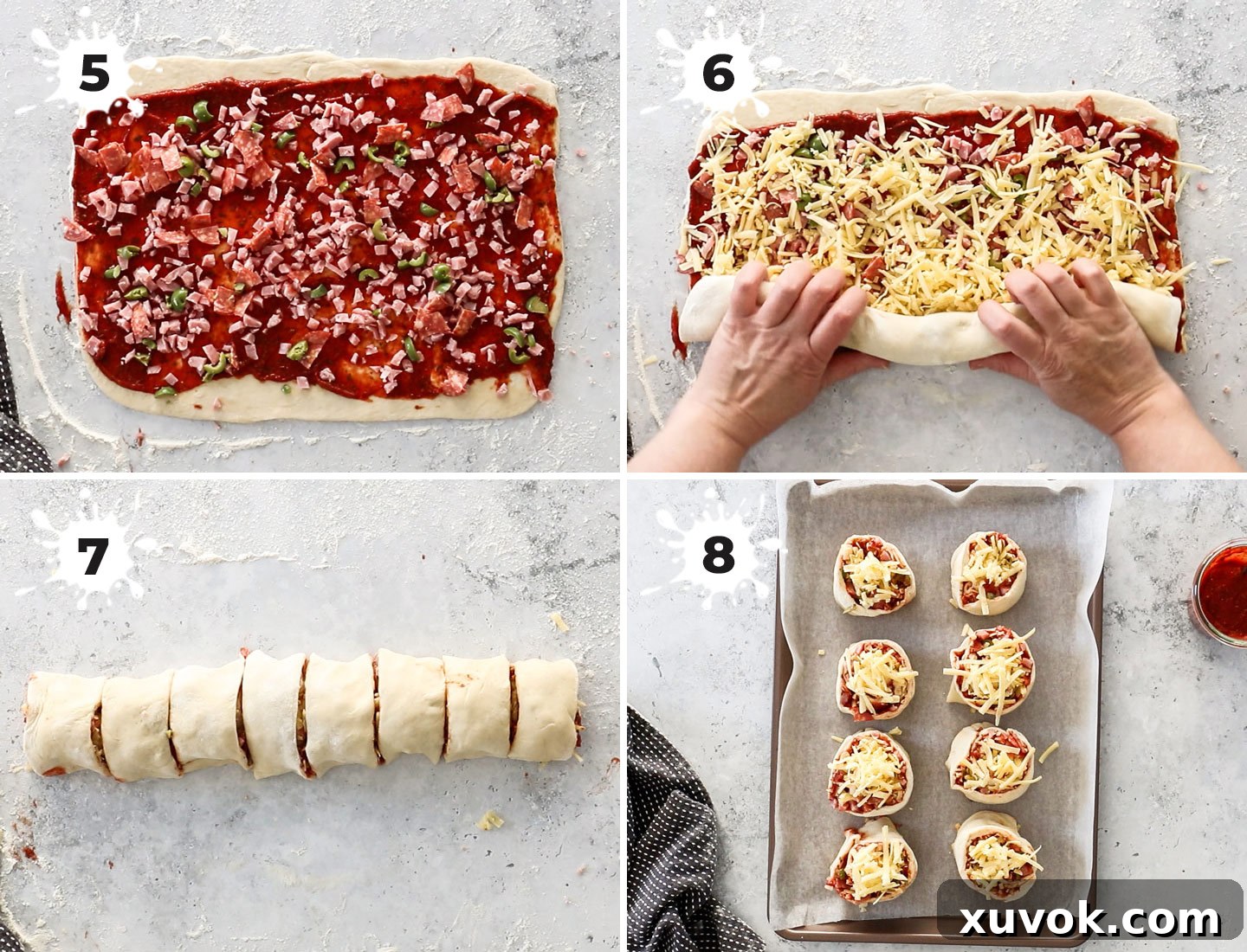 A four-panel collage demonstrating the assembly of pizza scrolls: rolling out dough, spreading sauce and toppings, rolling into a log, and slicing the log into individual scrolls.