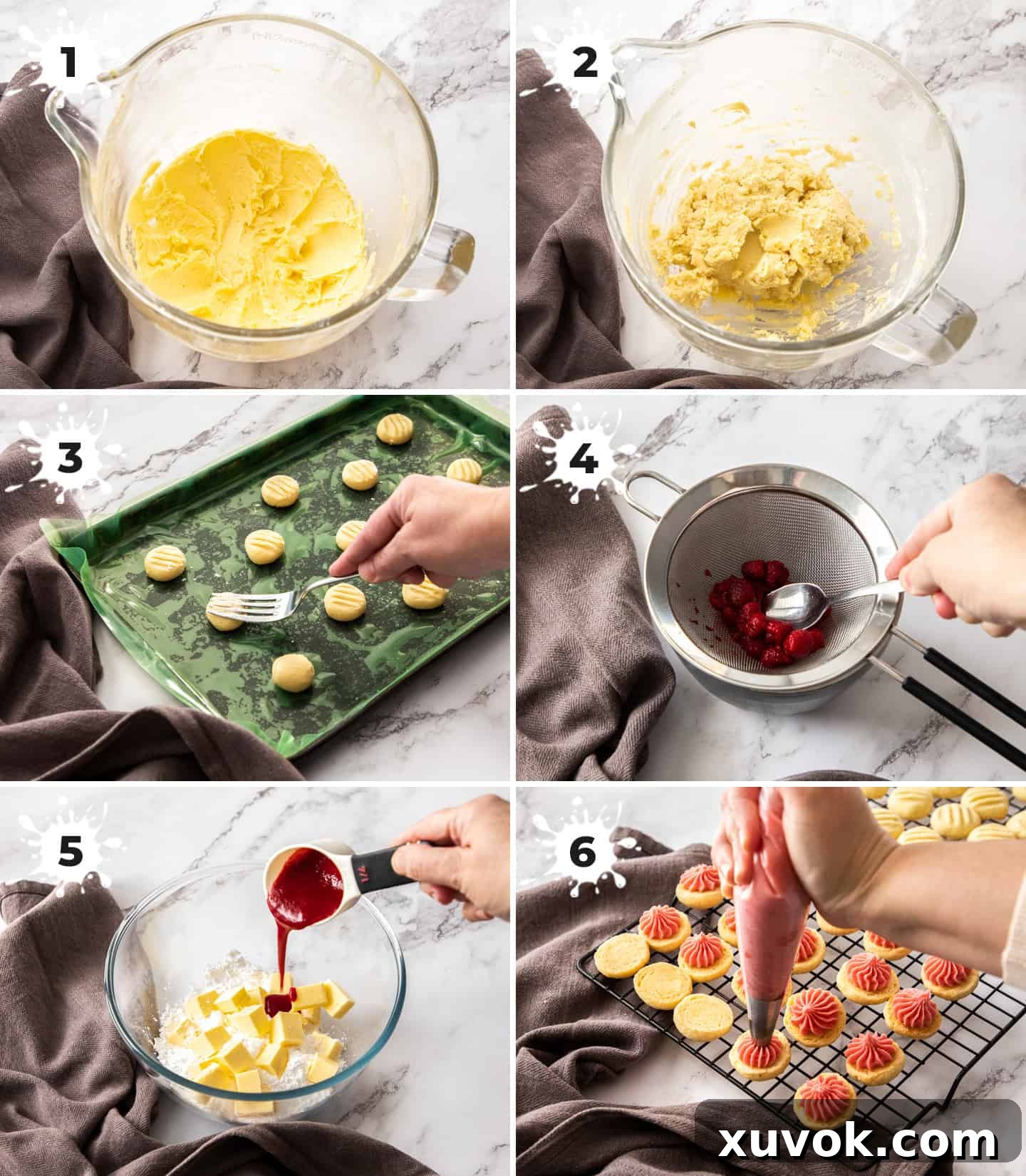 A six-image collage showcasing the step-by-step process of preparing Raspberry Melting Moments cookies, from dough creation to assembling with buttercream.
