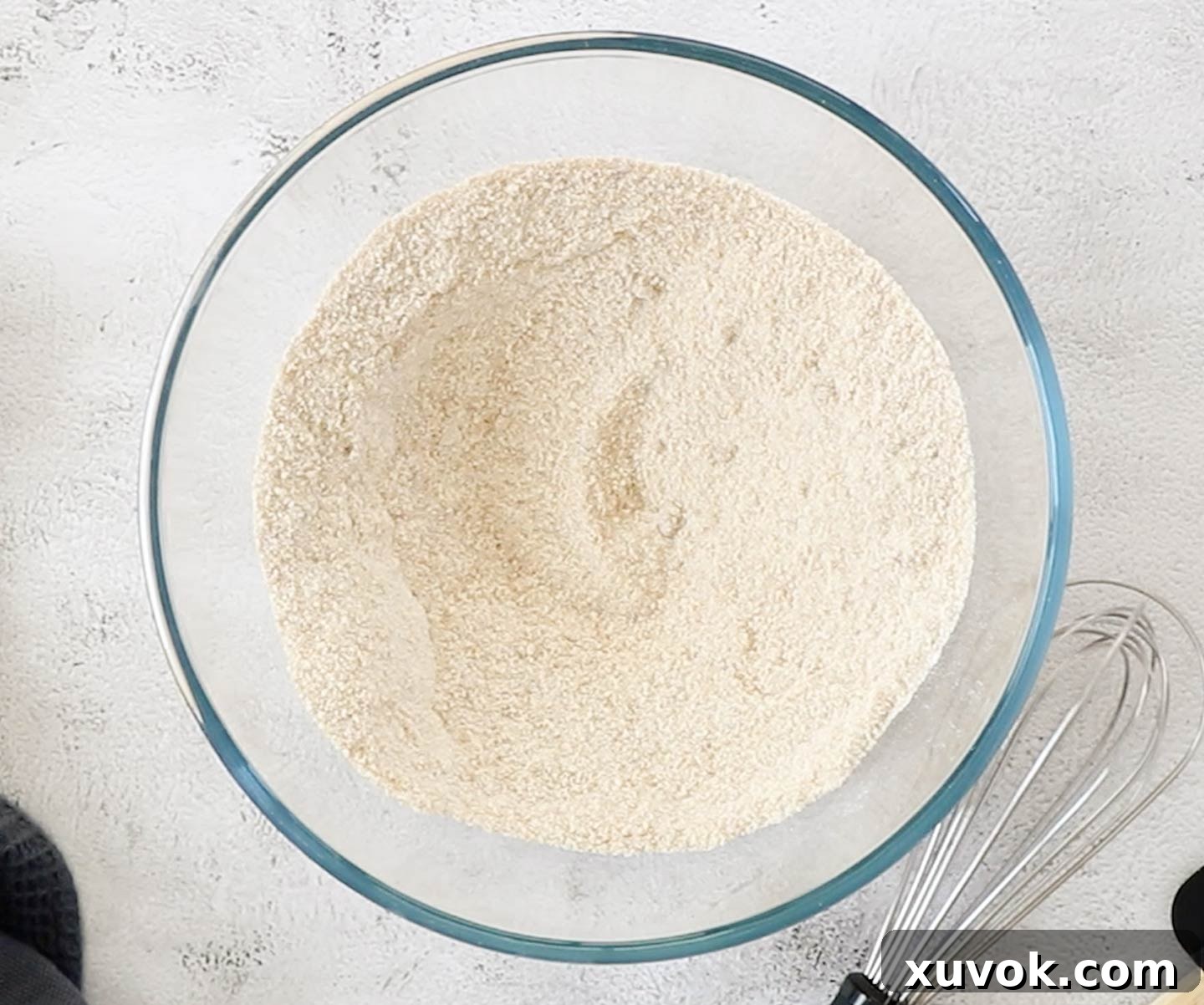 The dry ingredients for the blondie batter mixed in a bowl.