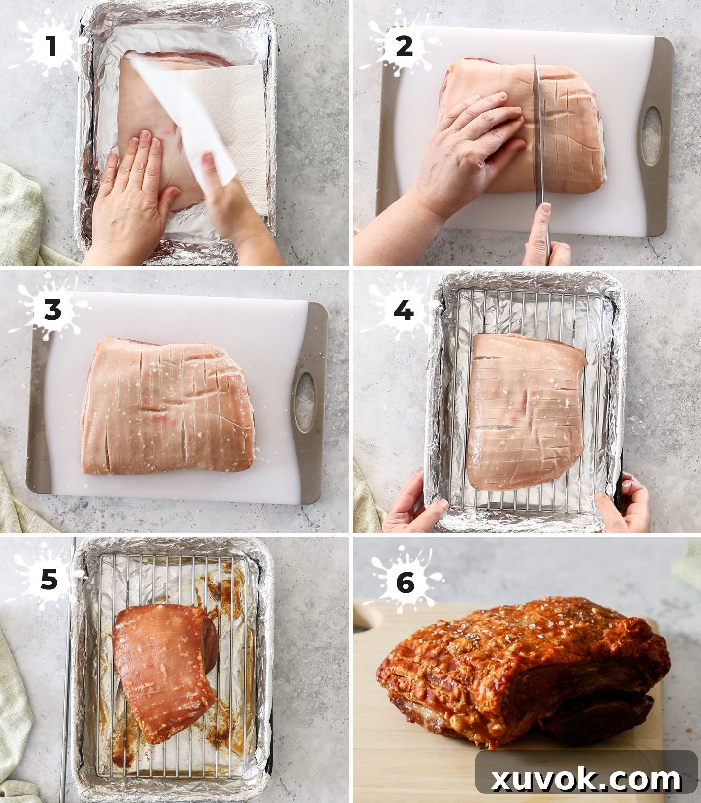 A visual step-by-step collage demonstrating how to prepare and roast pork belly for optimal crispiness and tenderness.