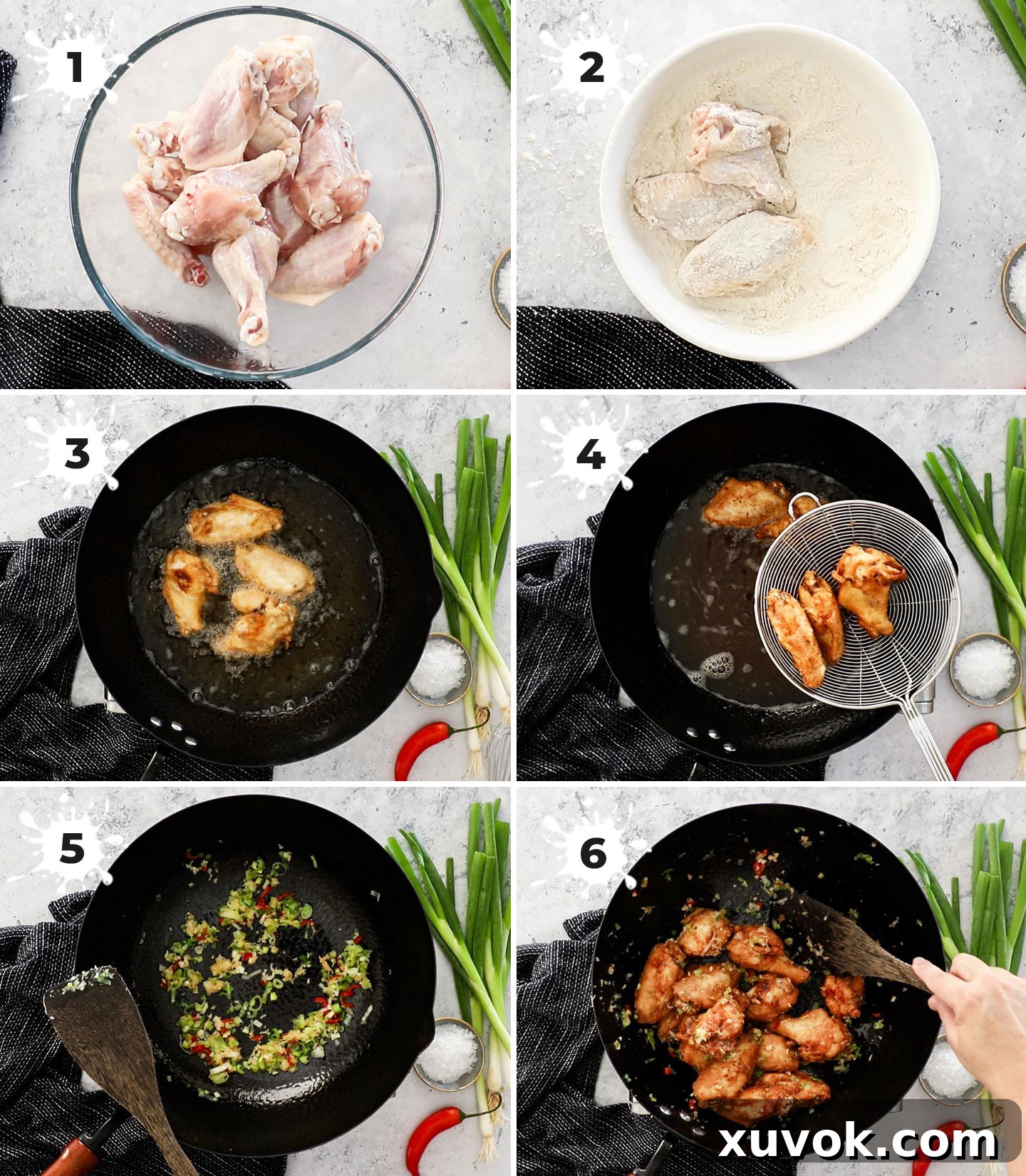 A collage showing how to make salt and pepper wings.