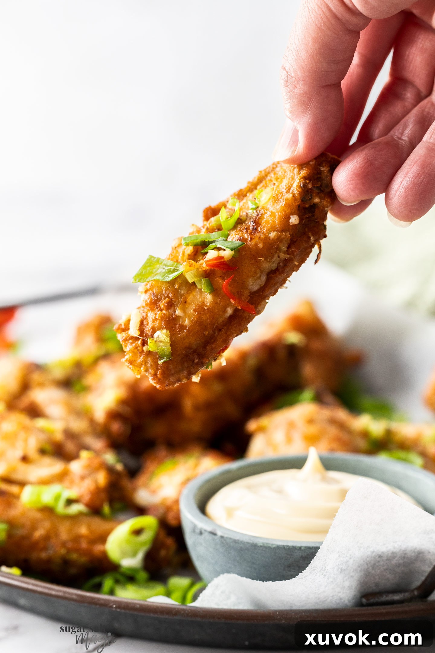 A hand holding a fried wing.