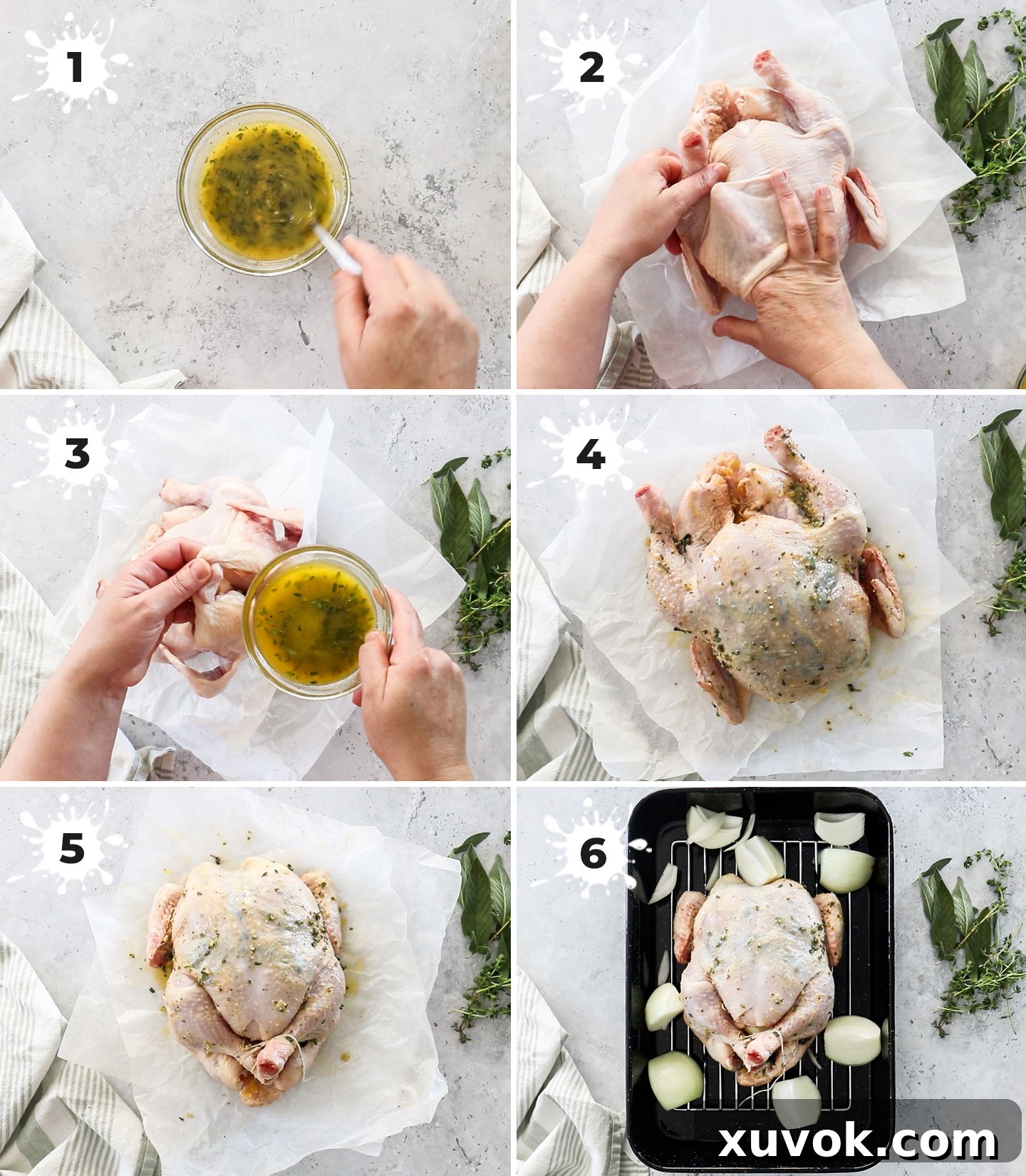 A collage showing various stages of preparing herb roasted chicken, from butter application to roasting.