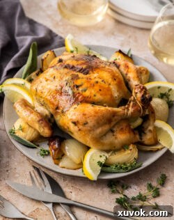 A golden roasted chicken in a serving platter, ready to be carved and enjoyed.