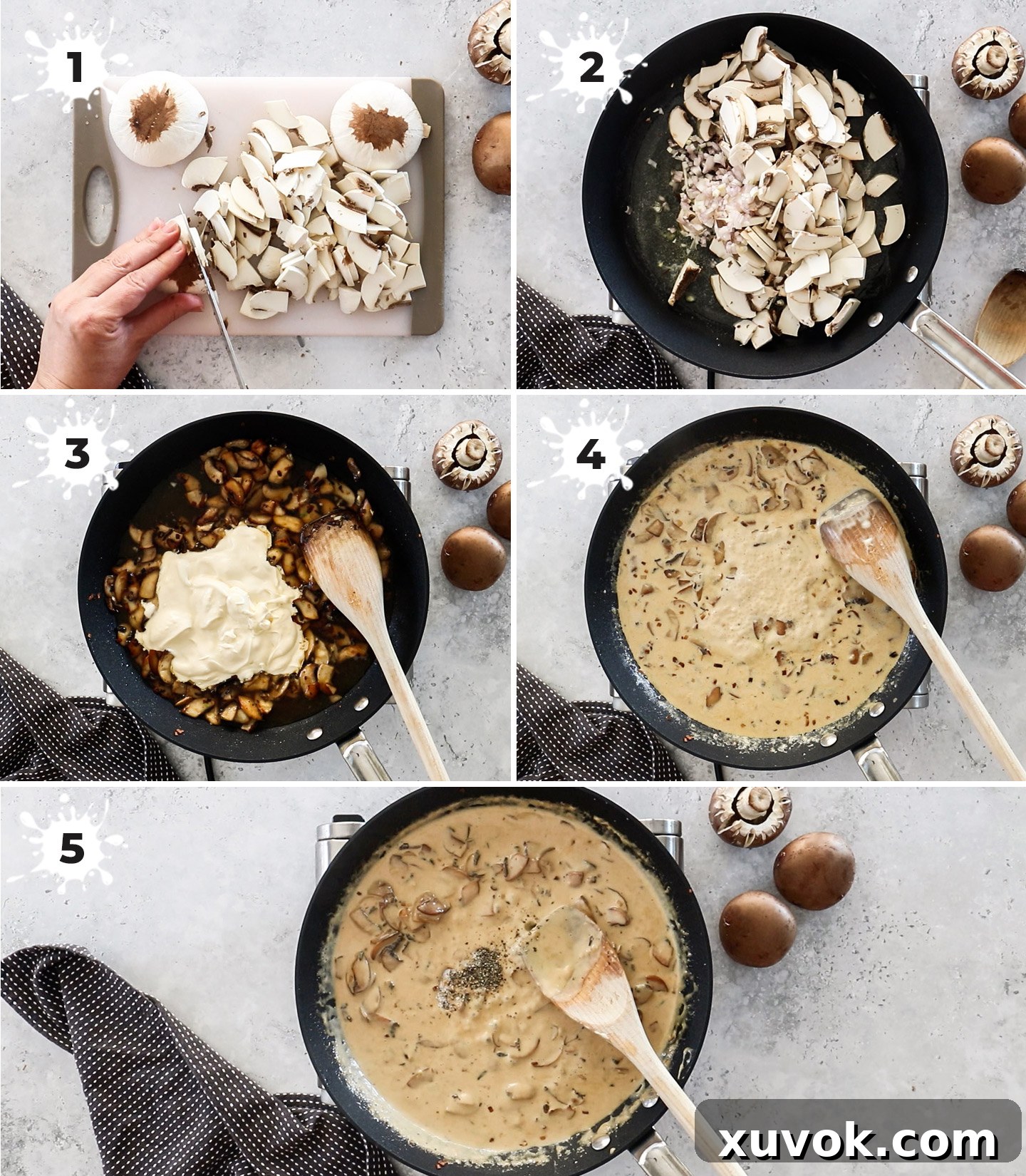 A four-panel collage demonstrating the step-by-step process of making creamy mushroom sauce, from sautéing mushrooms to the finished simmering sauce.