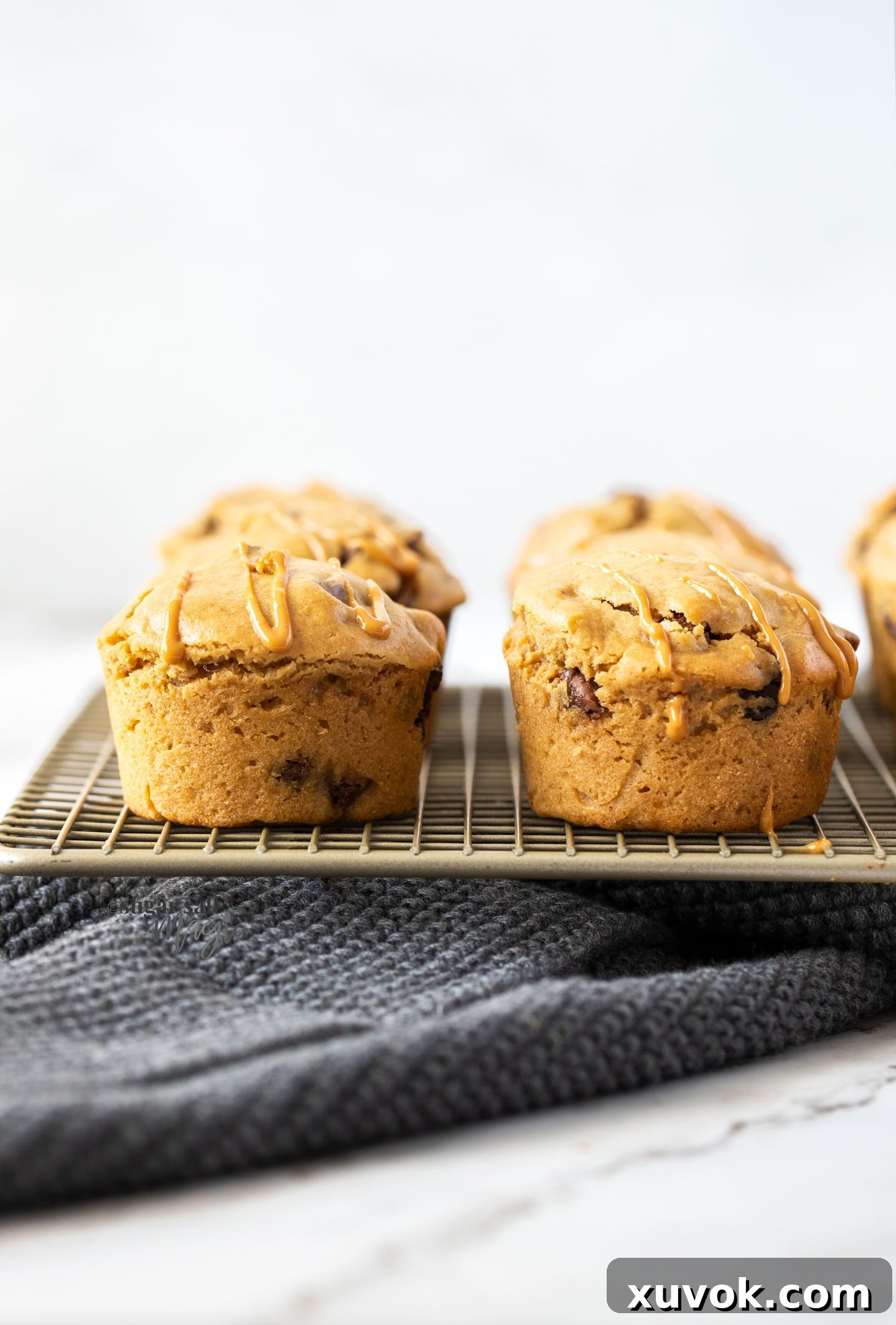 Freshly baked Chocolate Chip Peanut Butter Muffins cooling on a gold wire rack