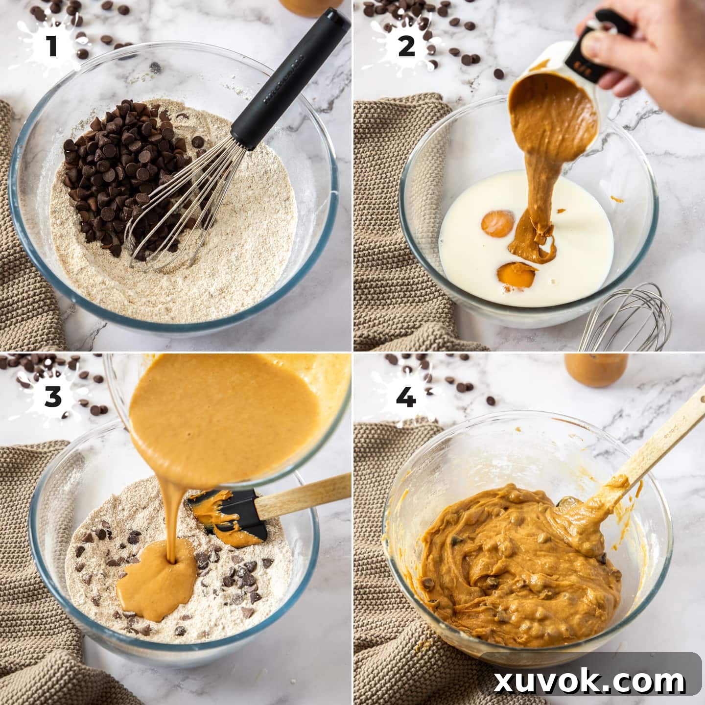 Collage showing the process of mixing muffin batter in a glass bowl