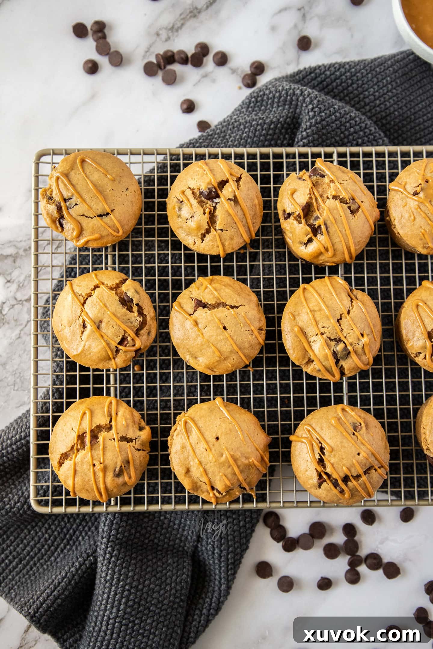 Peanut butter drizzled over warm chocolate chip peanut butter muffins on a cooling rack
