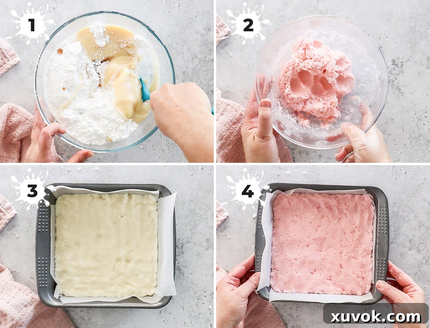 A collage showing the step-by-step process of making coconut ice, from mixing to setting.