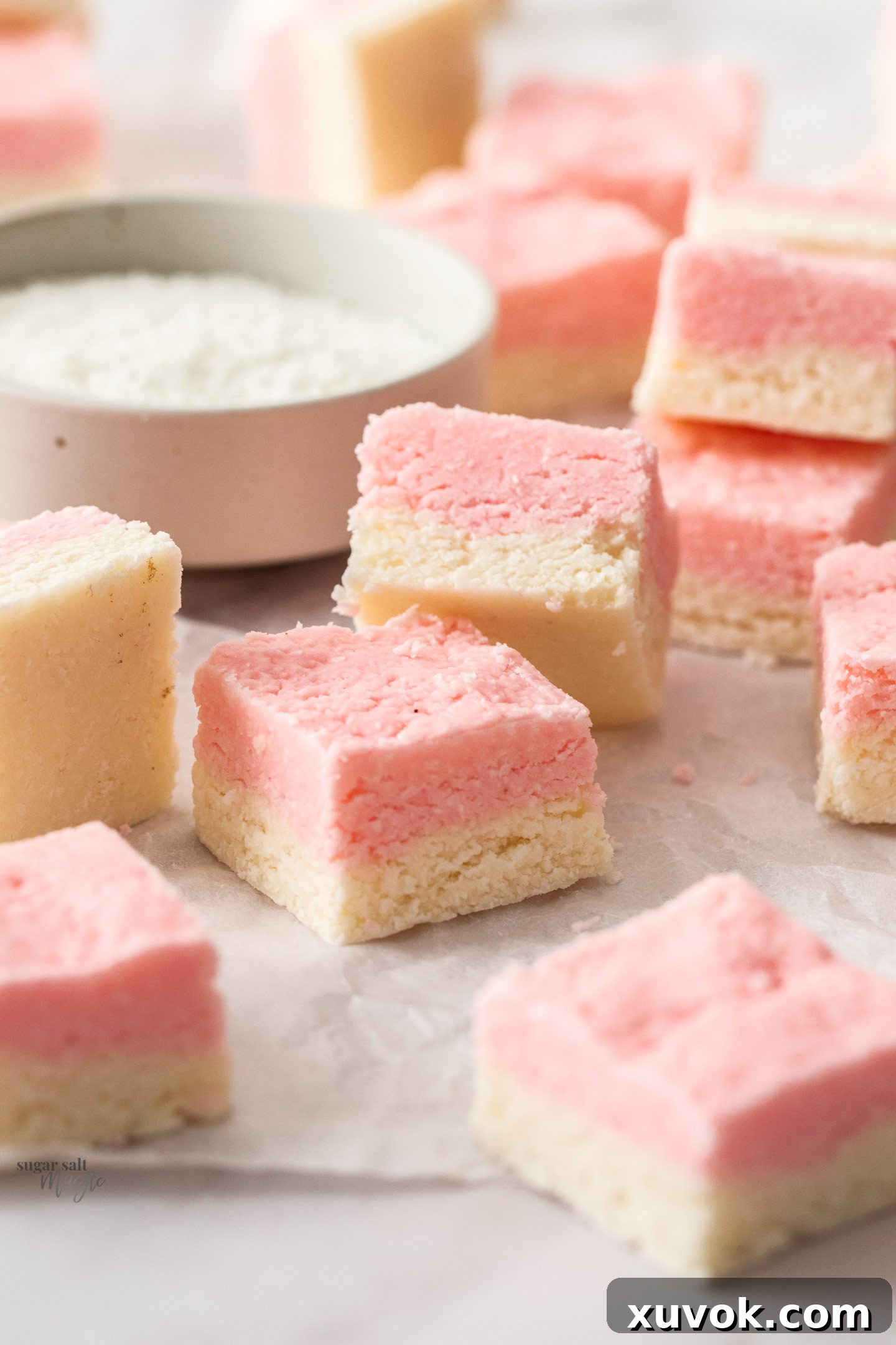Closeup of squares of coconut ice, highlighting the texture and perfect two-tone layers.