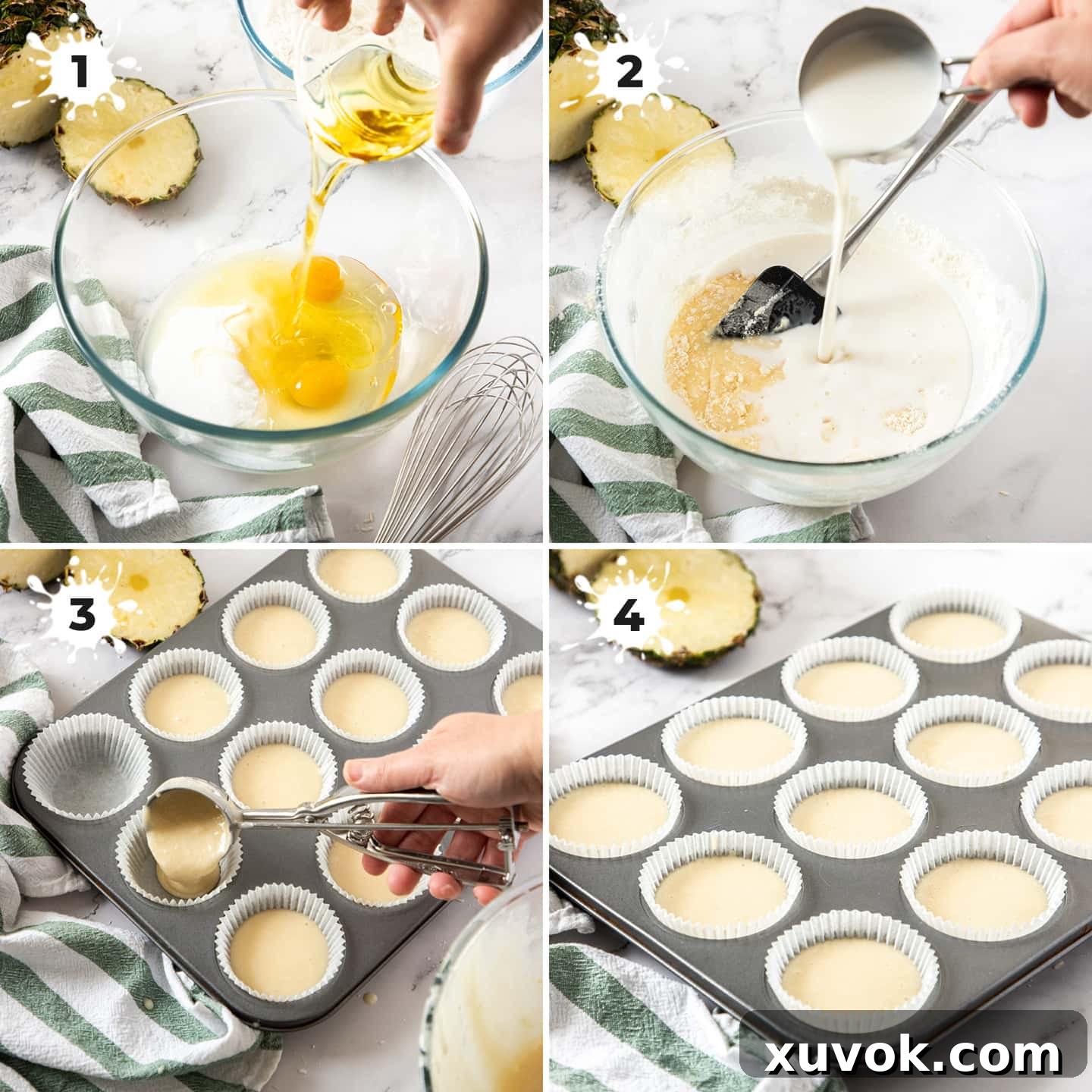 A step-by-step visual guide demonstrating the process of mixing cupcake batter, from dry ingredients to the final consistency.