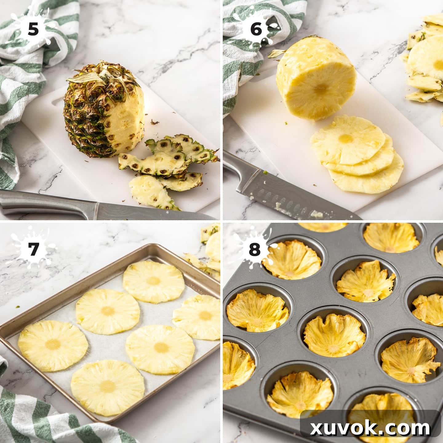 A four-panel image demonstrating the preparation of dried pineapple flowers, from slicing to drying and shaping.